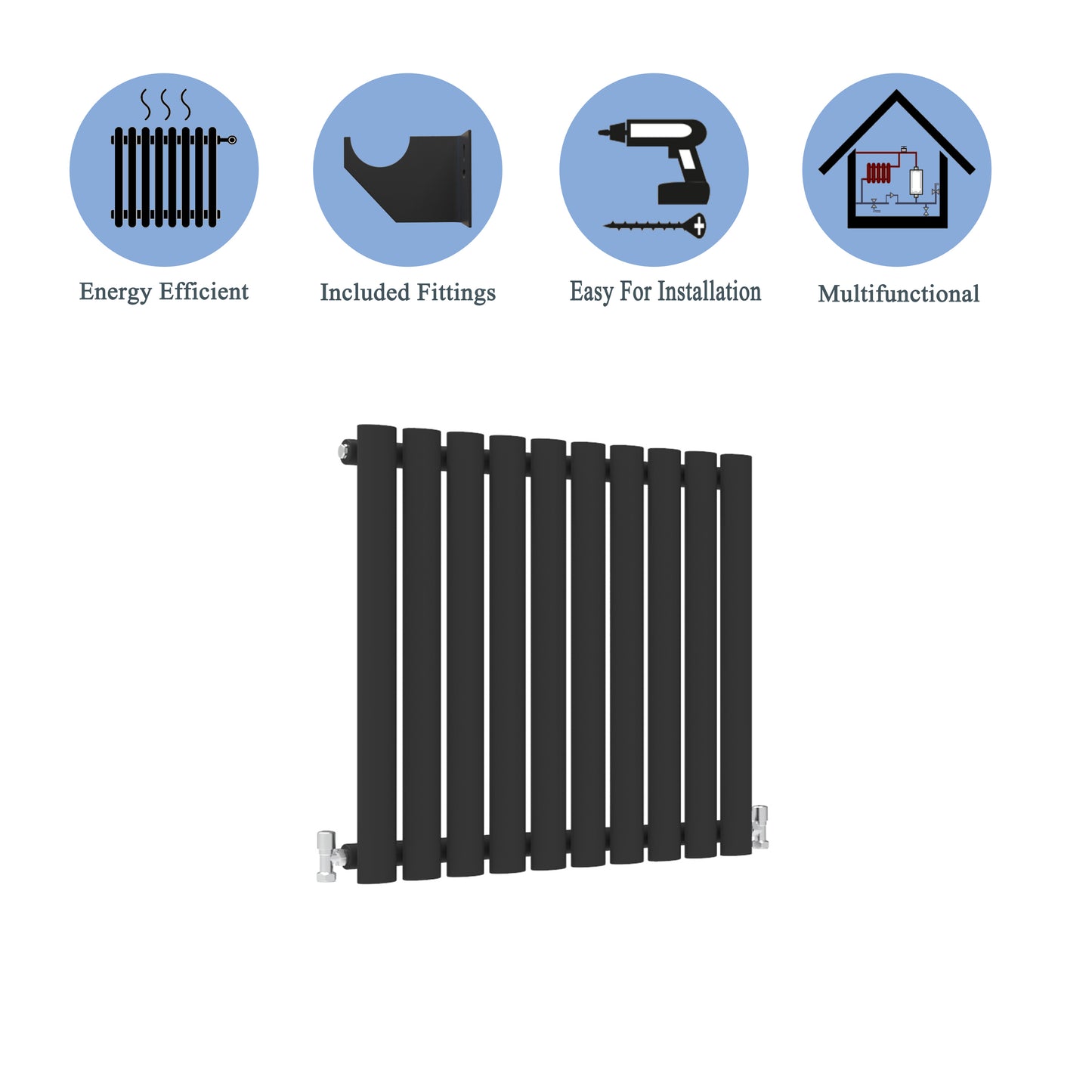 Aidal- Designer Horizontal 600x590mm Single Black Oval Column Radiator