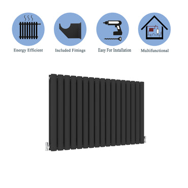 Aidal- Designer Horizontal 600x1003mm Double Black Oval Column Radiator