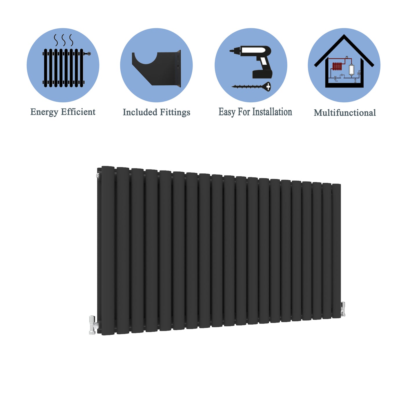 Aidal- Designer Horizontal 600x1180mm Double Black Oval Column Radiator