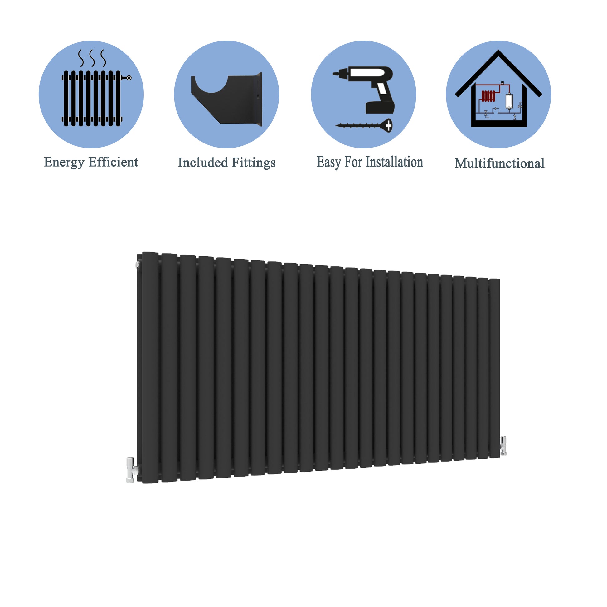 Aidal- Designer Horizontal 600x1416mm Double Black Oval Column Radiator