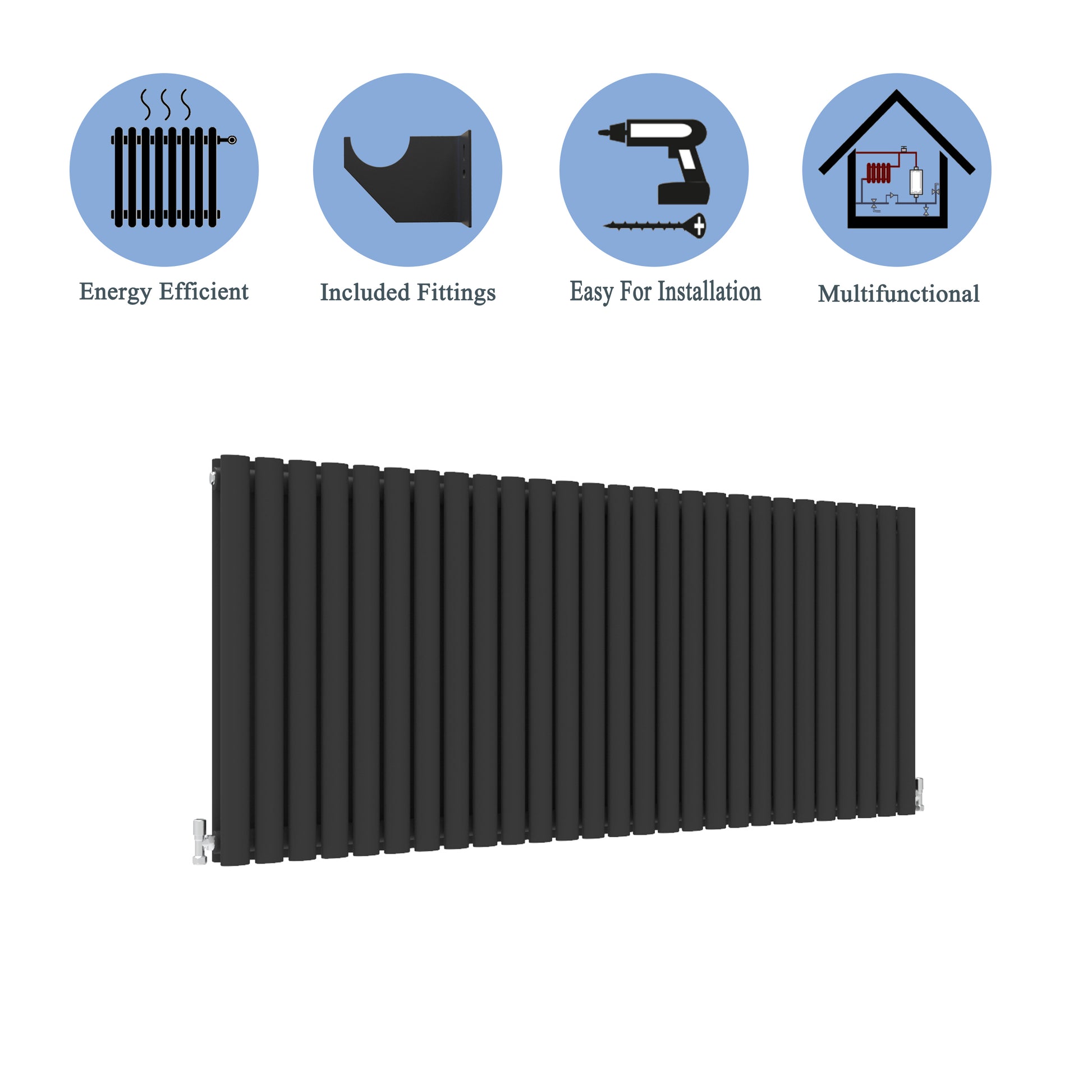 Aidal- Designer Horizontal 600x1593mm Double Black Oval Column Radiator