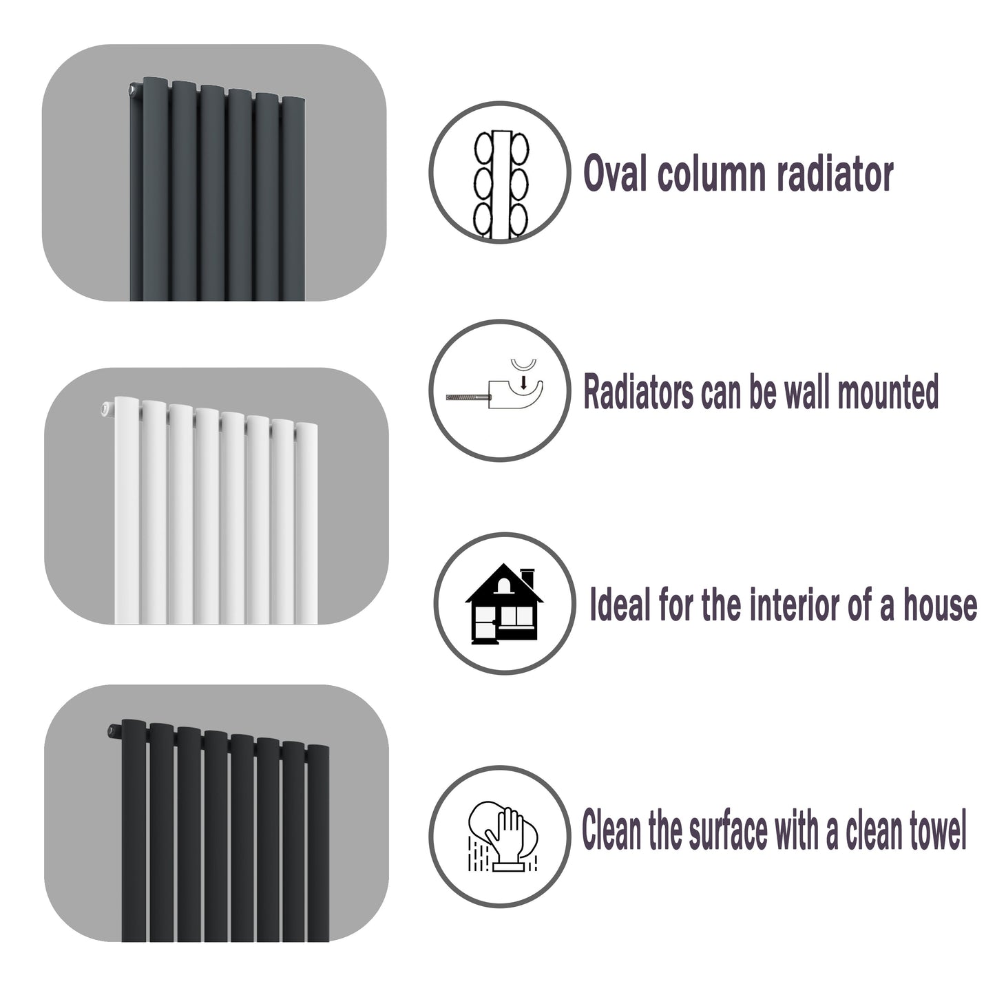 Aidal- Designer Vertical 1600x236mm Double Black Oval Column Radiator