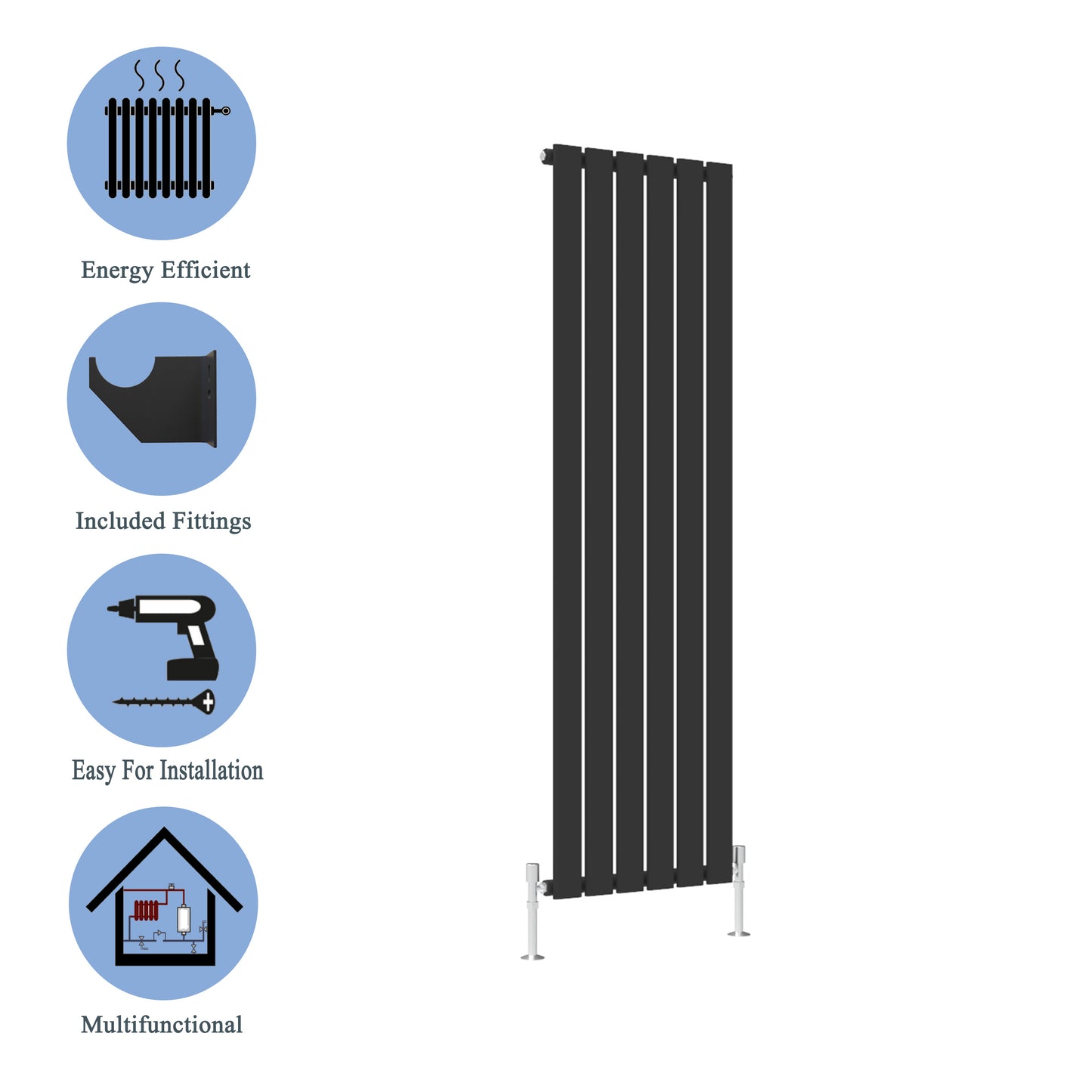 Aidal- Modern Vertical 1600x544mm Single Black Flat Panel Radiator