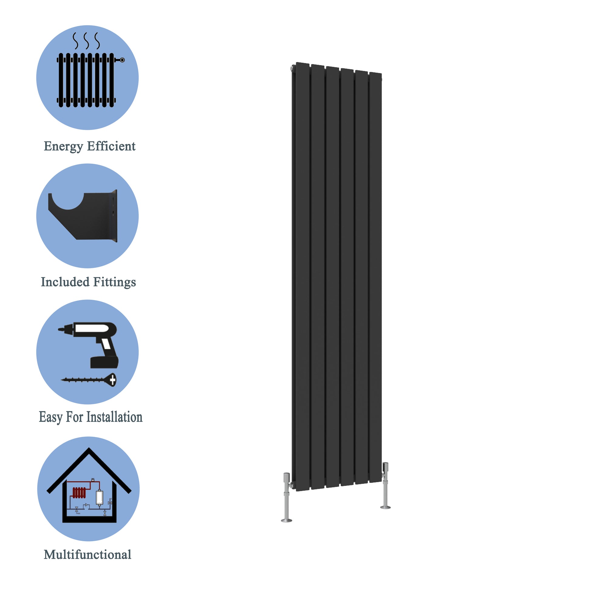 Aidal- Designer Vertical 1800x408mm Double Black Flat Panel Radiator