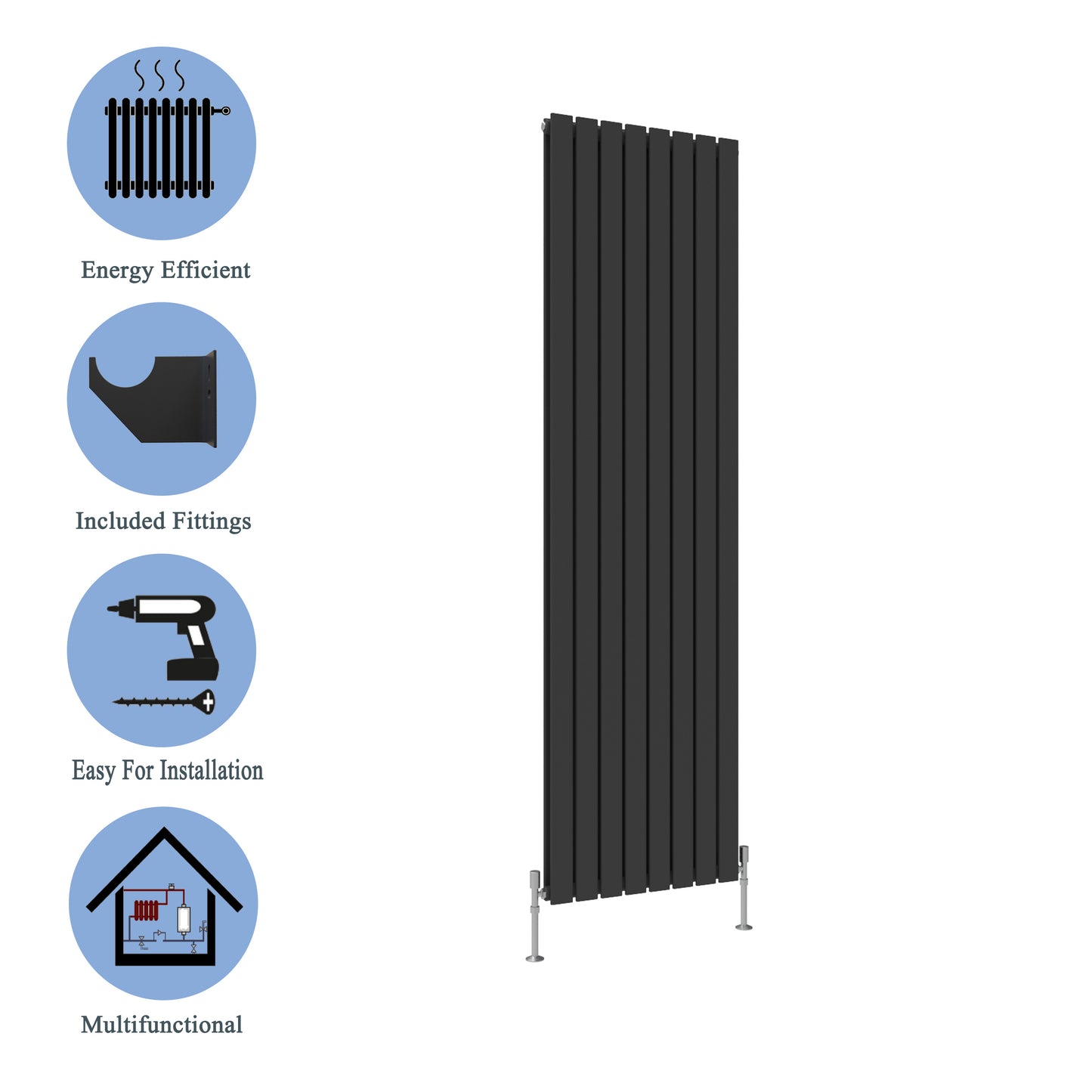 Aidal- Designer Vertical 1800x544mm Double Black Flat Panel Radiator