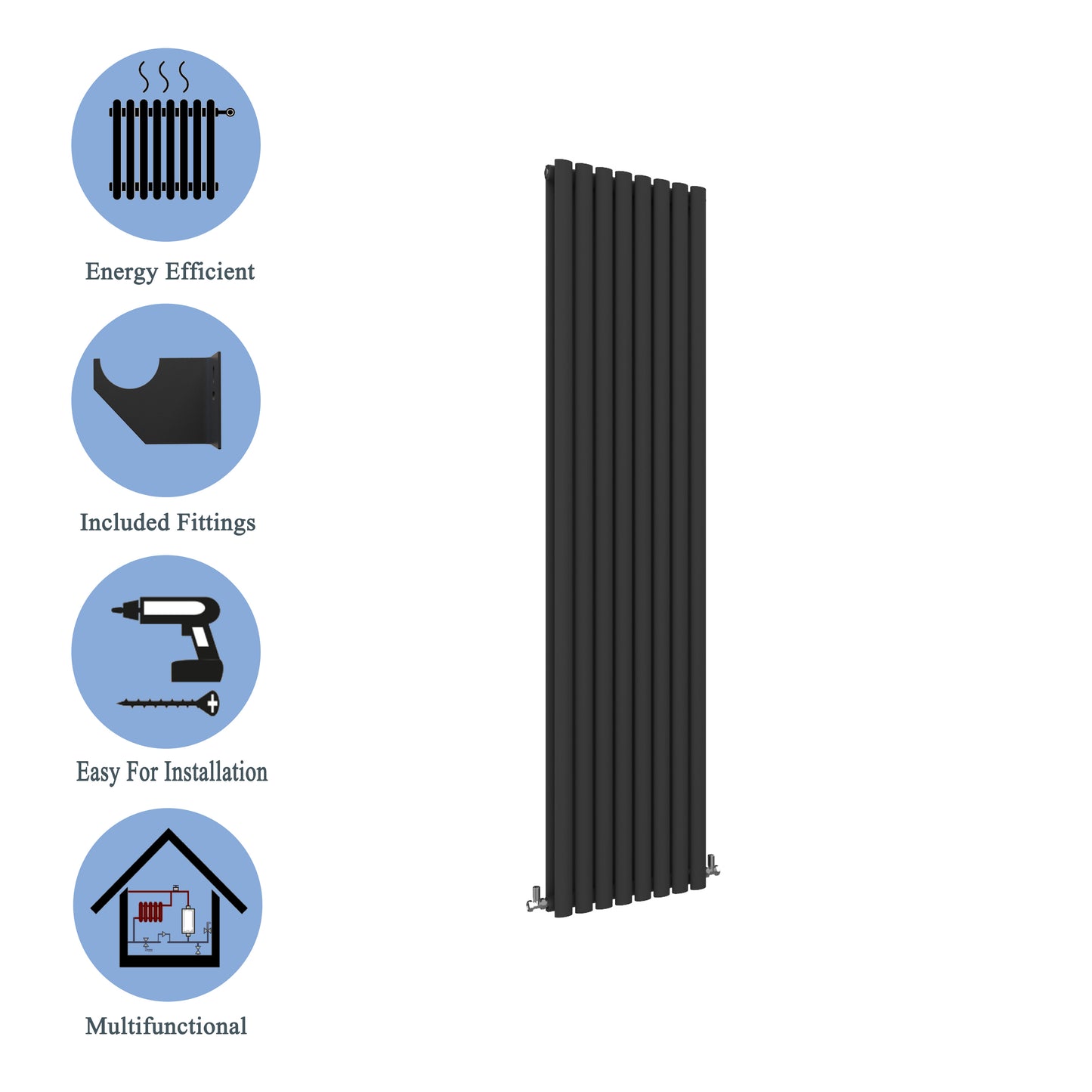 Aidal- Designer Vertical 1600x472mm Double Black Oval Column Radiator