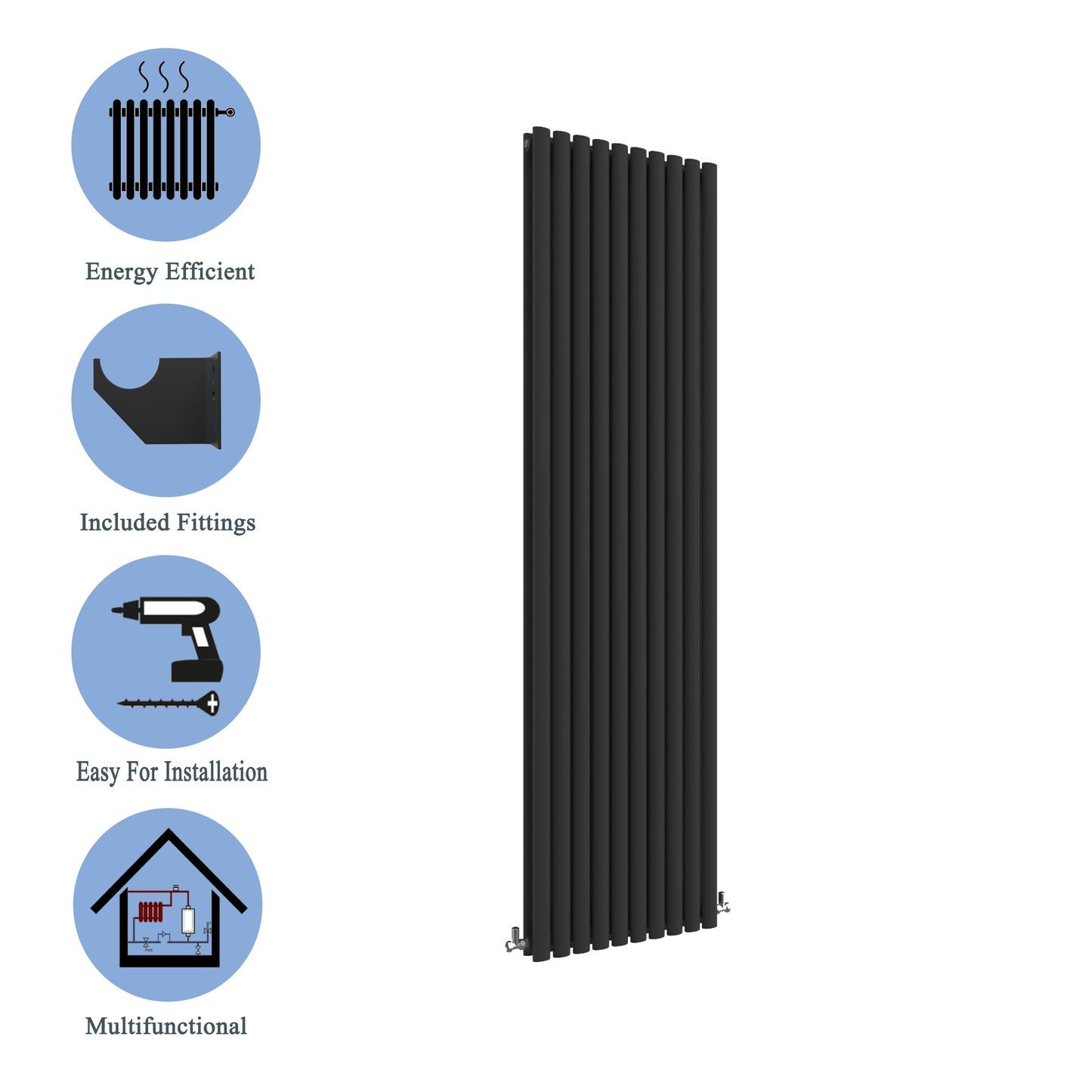 Aidal- Designer Vertical 1800x590mm Double Black Oval Column Radiator