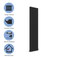 Aidal- Designer Vertical 1800x472mm Double Black Oval Column Radiator