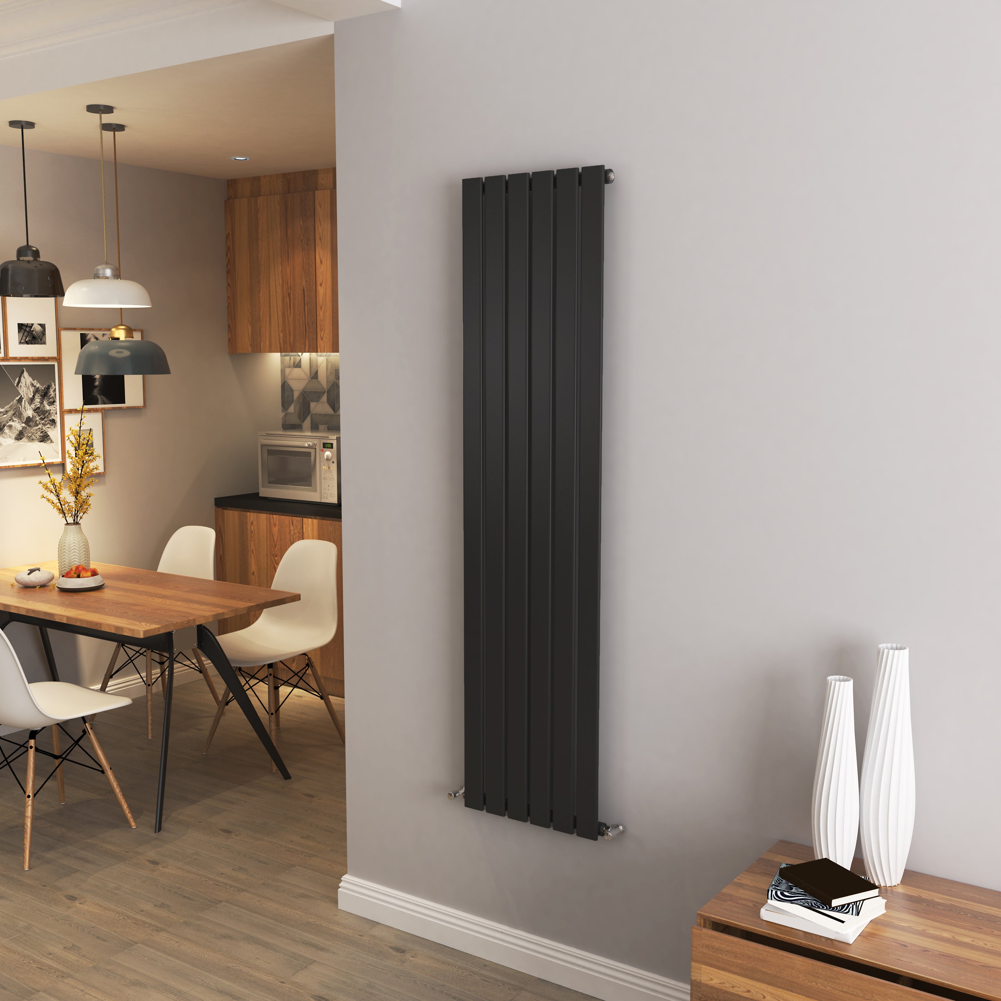 Aidal- Modern Vertical 1600x408mm Single Black Flat Panel Radiator