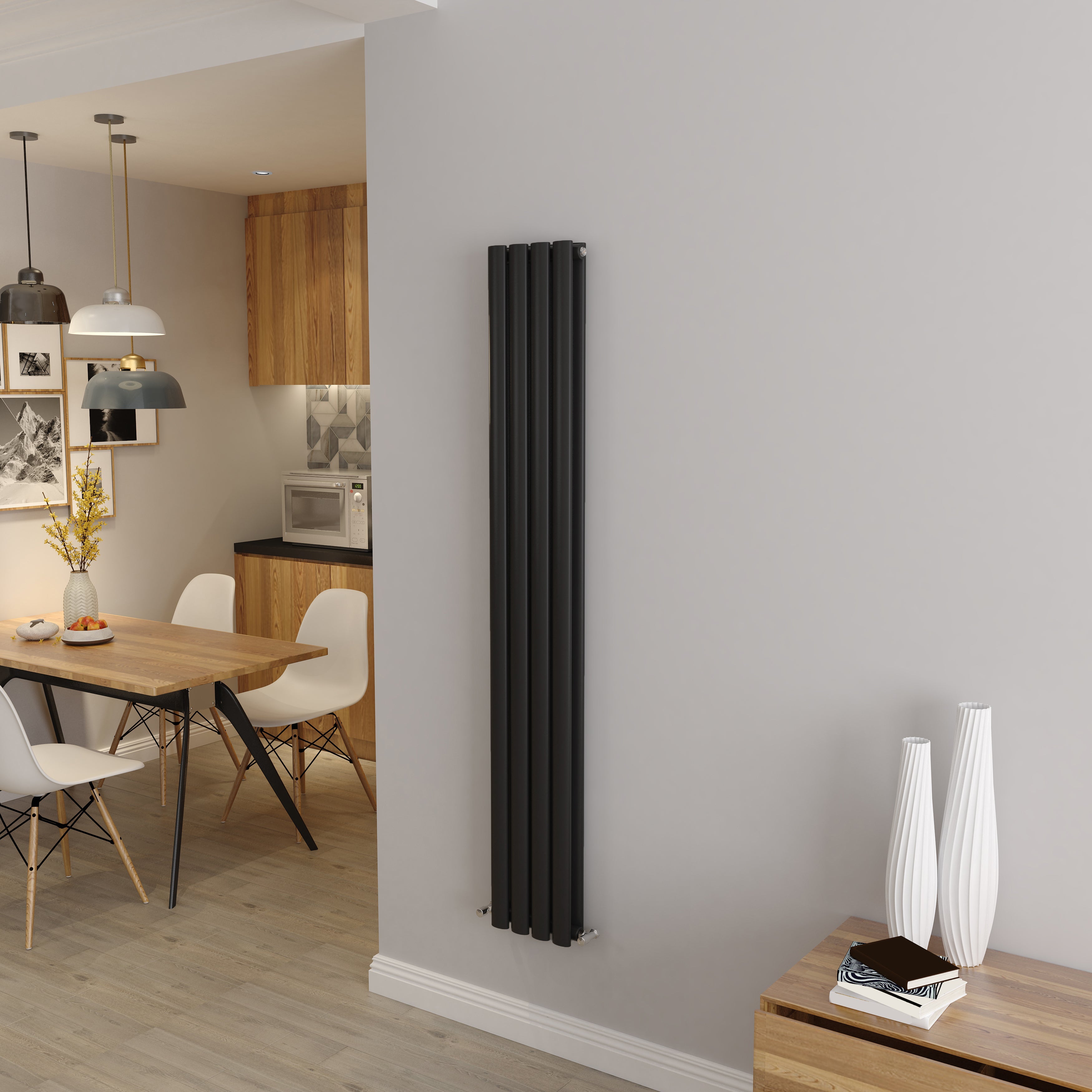 Aidal- Designer Vertical 1600x236mm Double Black Oval Column Radiator