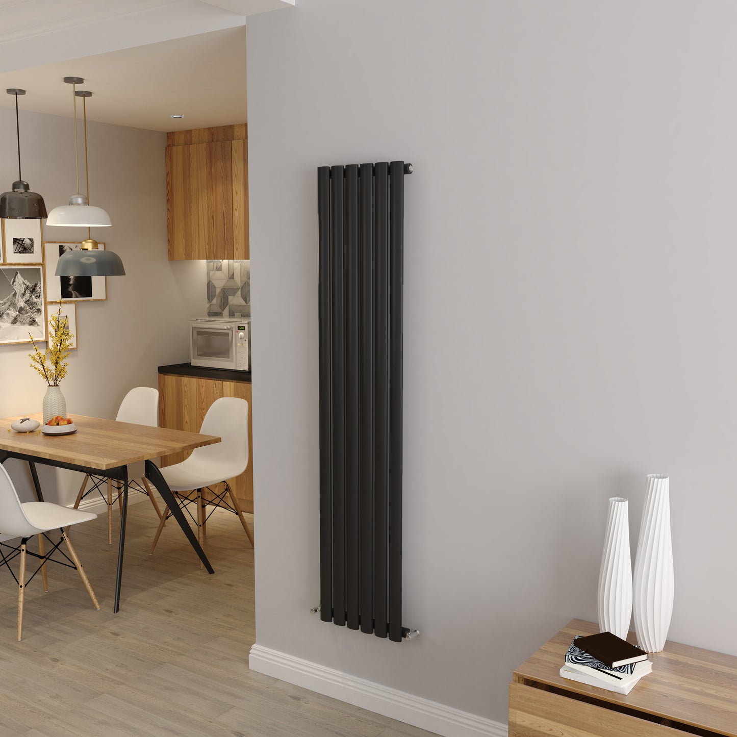 Aidal- Designer Vertical 1600x354mm Single Black Oval Column Radiator