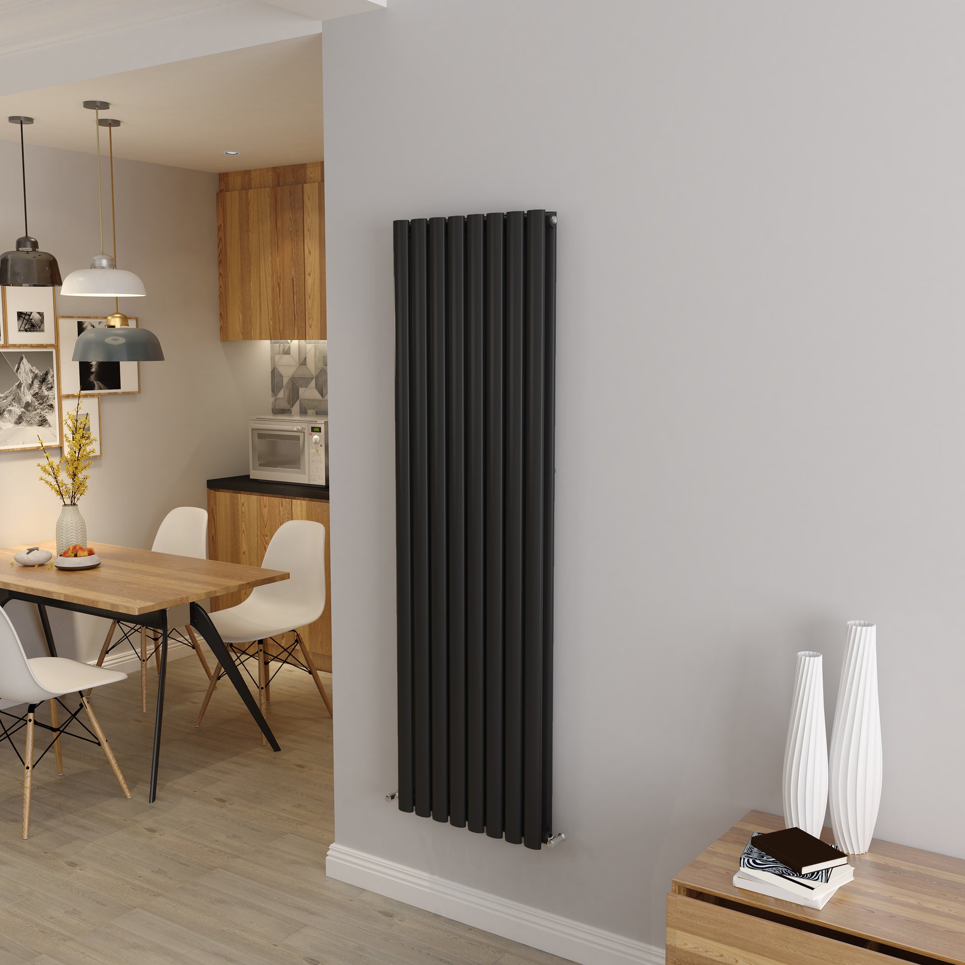 Aidal- Designer Vertical 1600x472mm Double Black Oval Column Radiator