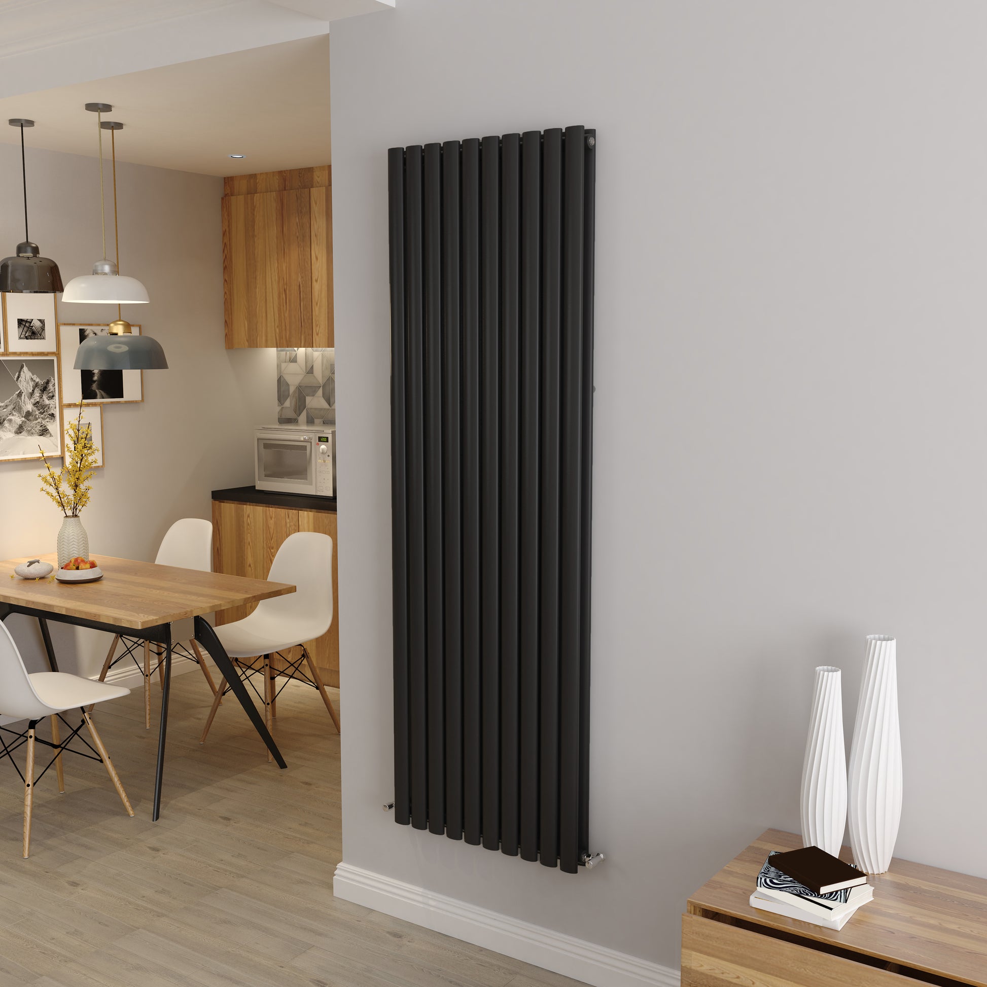 Aidal- Designer Vertical 1800x590mm Double Black Oval Column Radiator