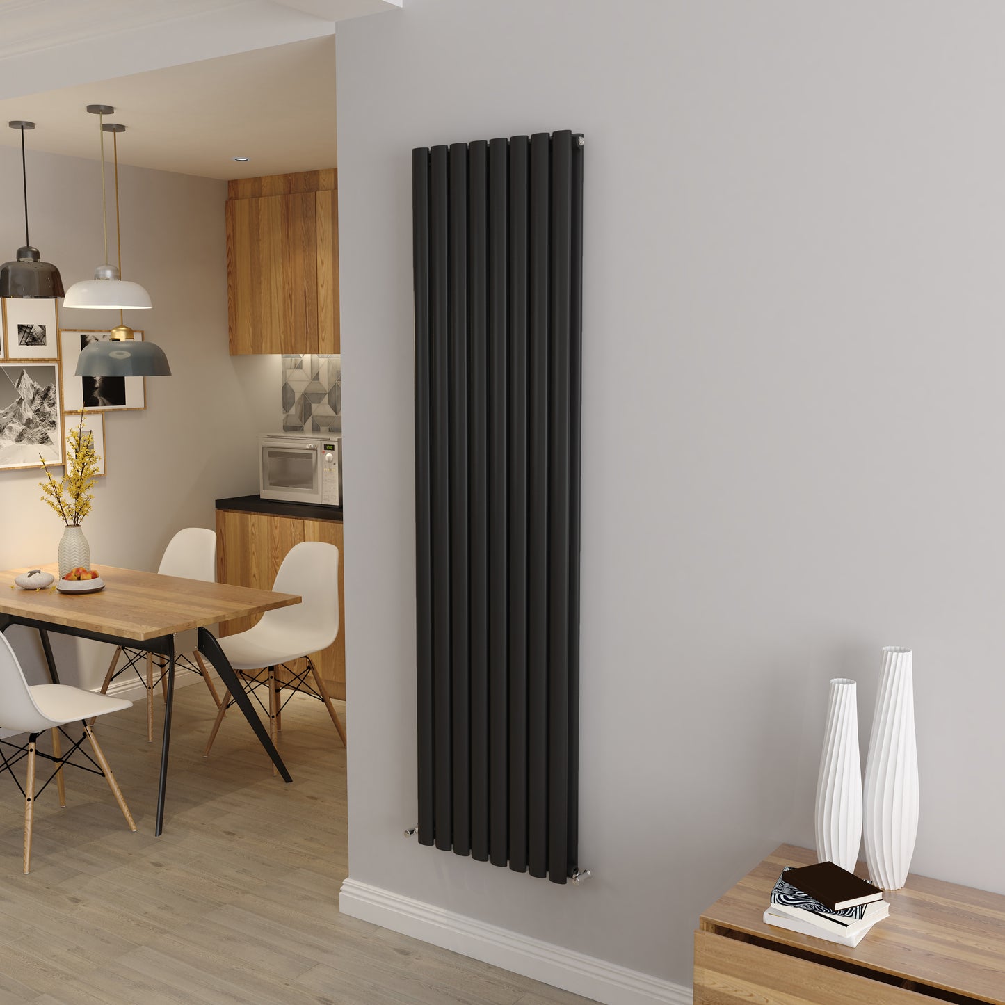 Aidal- Designer Vertical 1800x472mm Double Black Oval Column Radiator