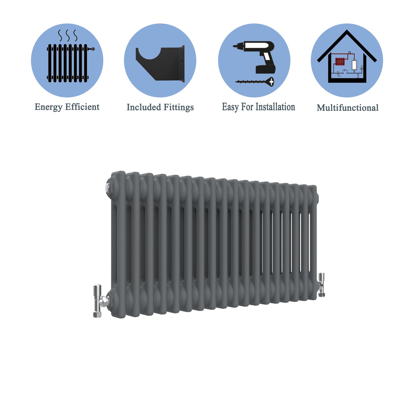 Aidal- Traditional Horizontal 300x830mm 2 Columns Anthracite Cast Iron Radiator