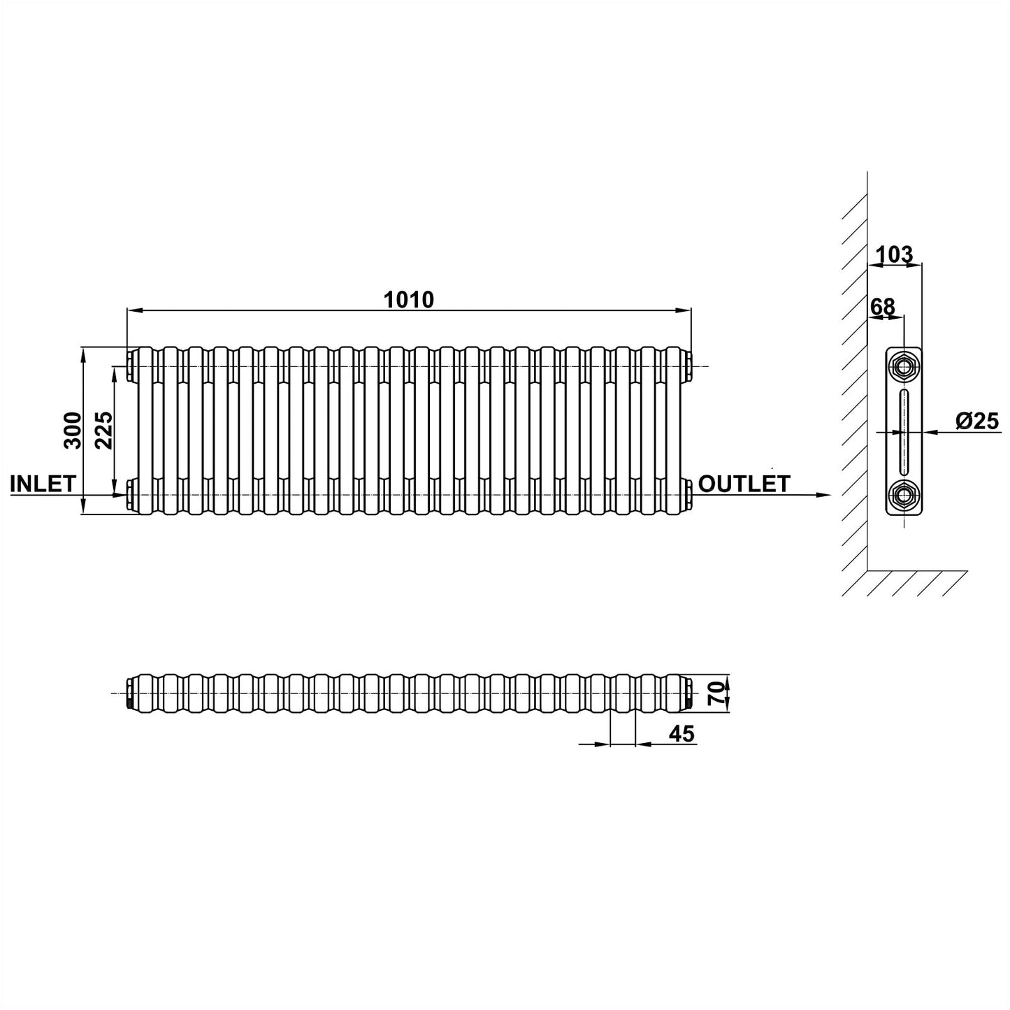 300x1010mm white 2 columns traditional radiator dimension