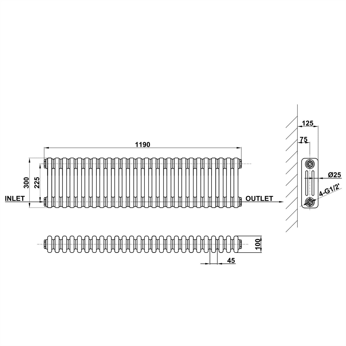 300x1190mm white 3 columns traditional radiator dimension