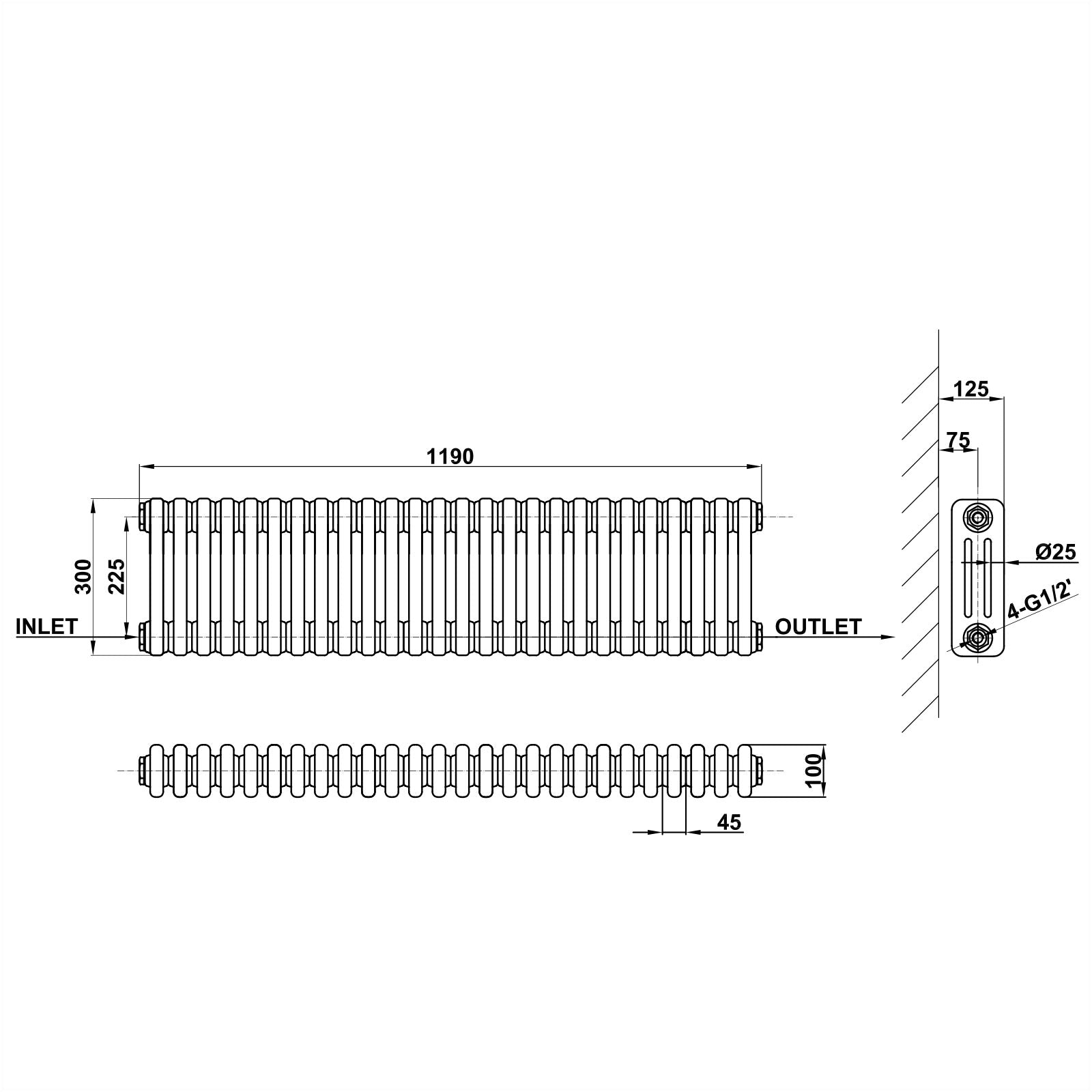 300x1190mm white 3 columns traditional radiator dimension