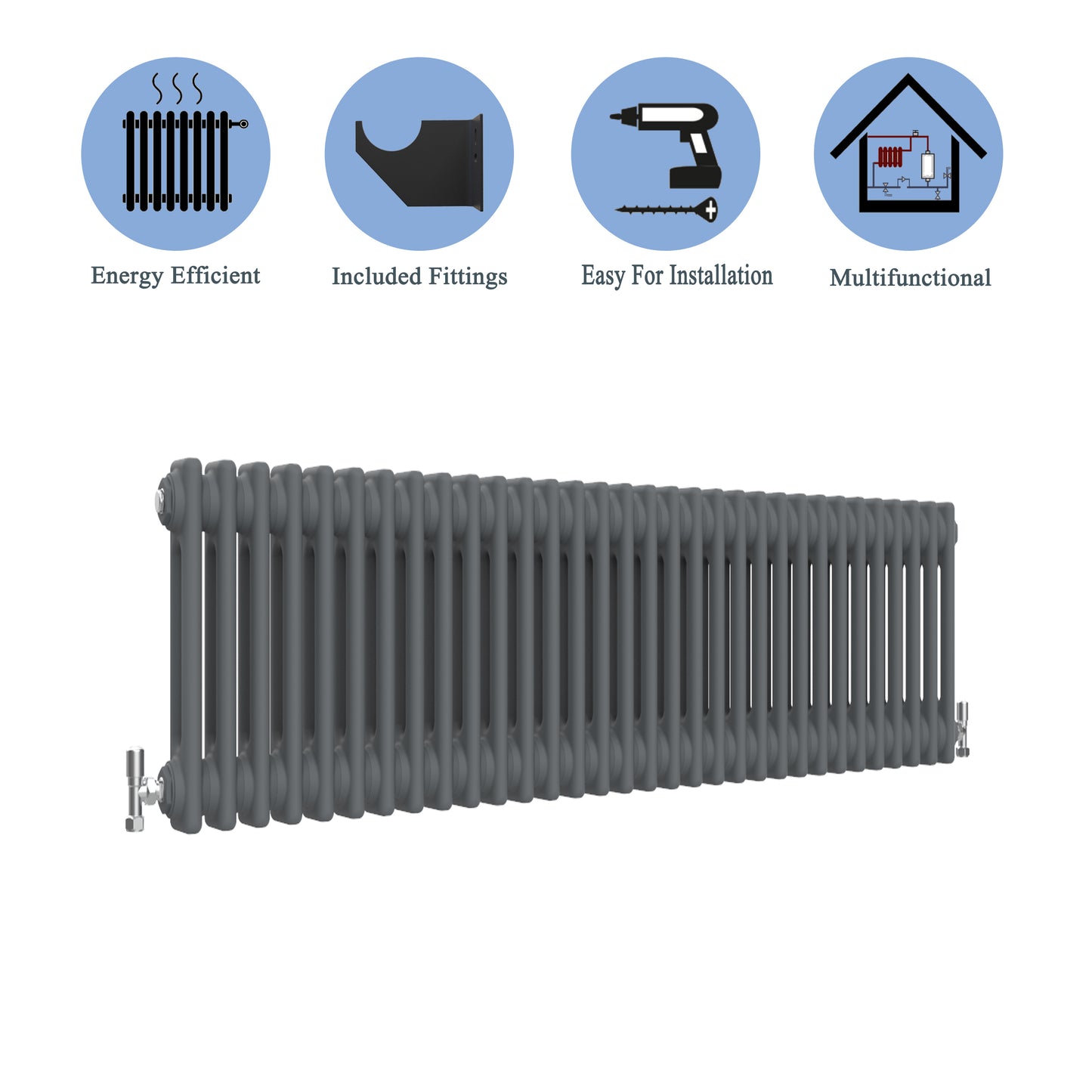 Aidal- Traditional Horizontal 300x1460mm 2 Columns Anthracite Cast Iron Radiator