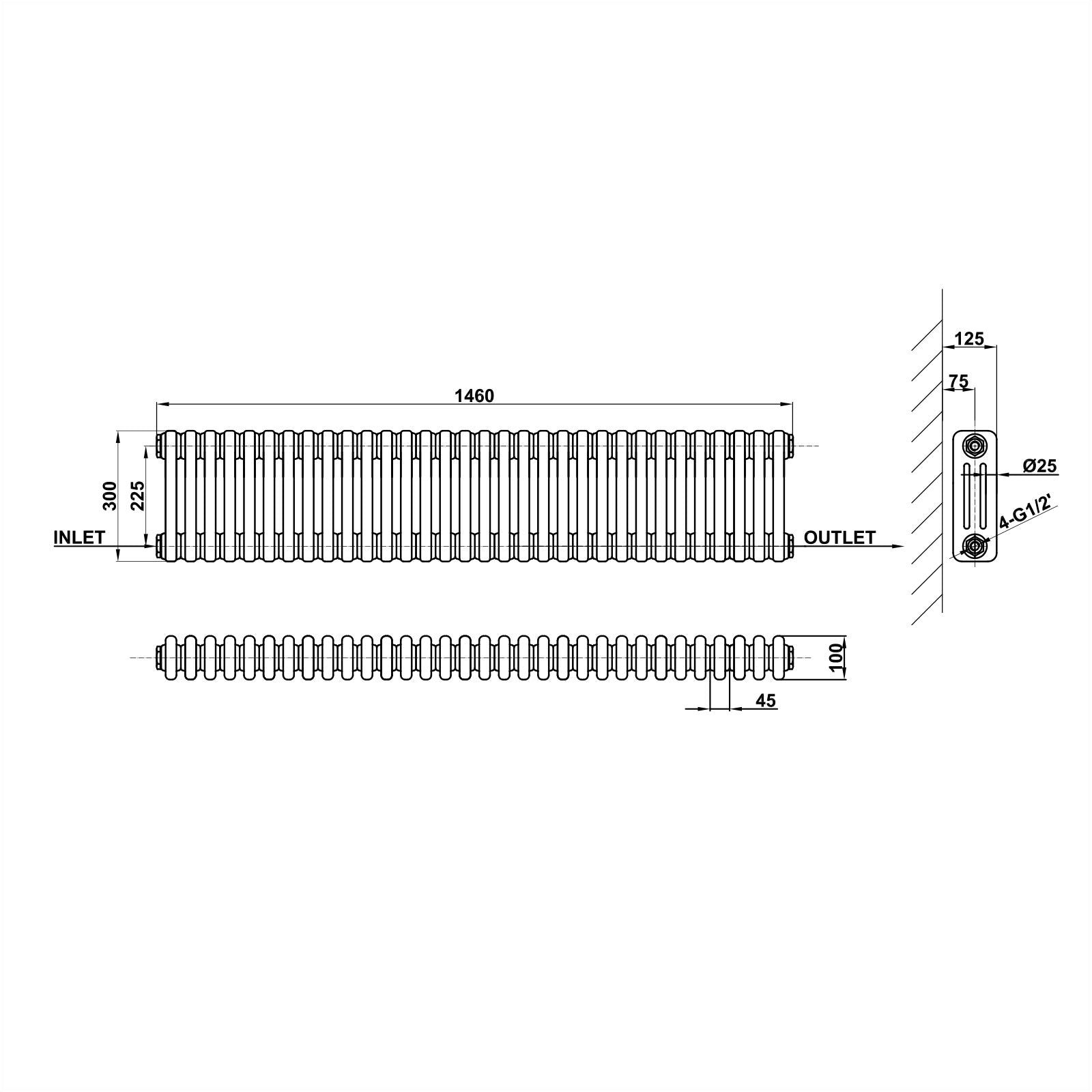 300x1460mm white 3 columns traditional radiator dimension