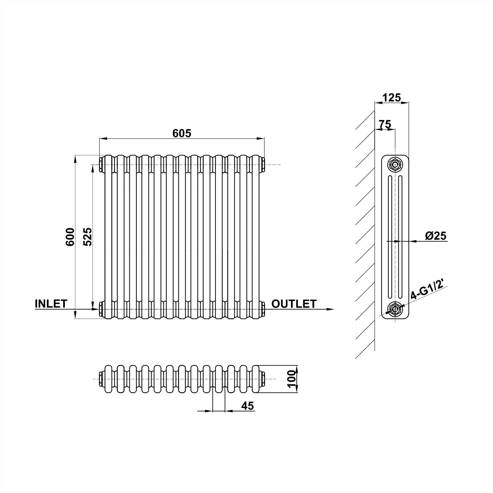 600x605mm white 3 columns traditional radiator dimension