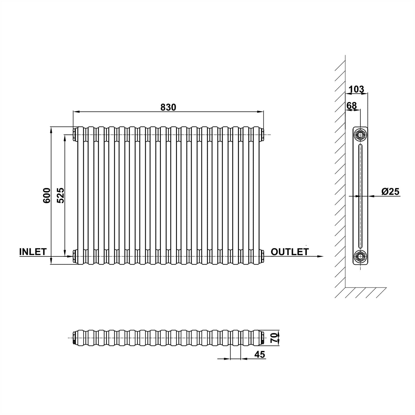 600x830mm white 2 columns traditional radiator dimension