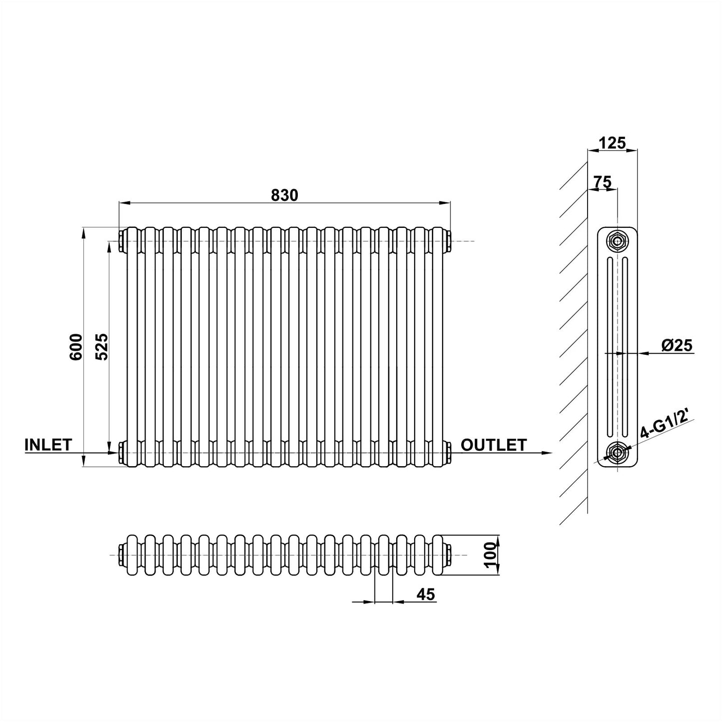 600x830mm white 3 columns traditional radiator dimension