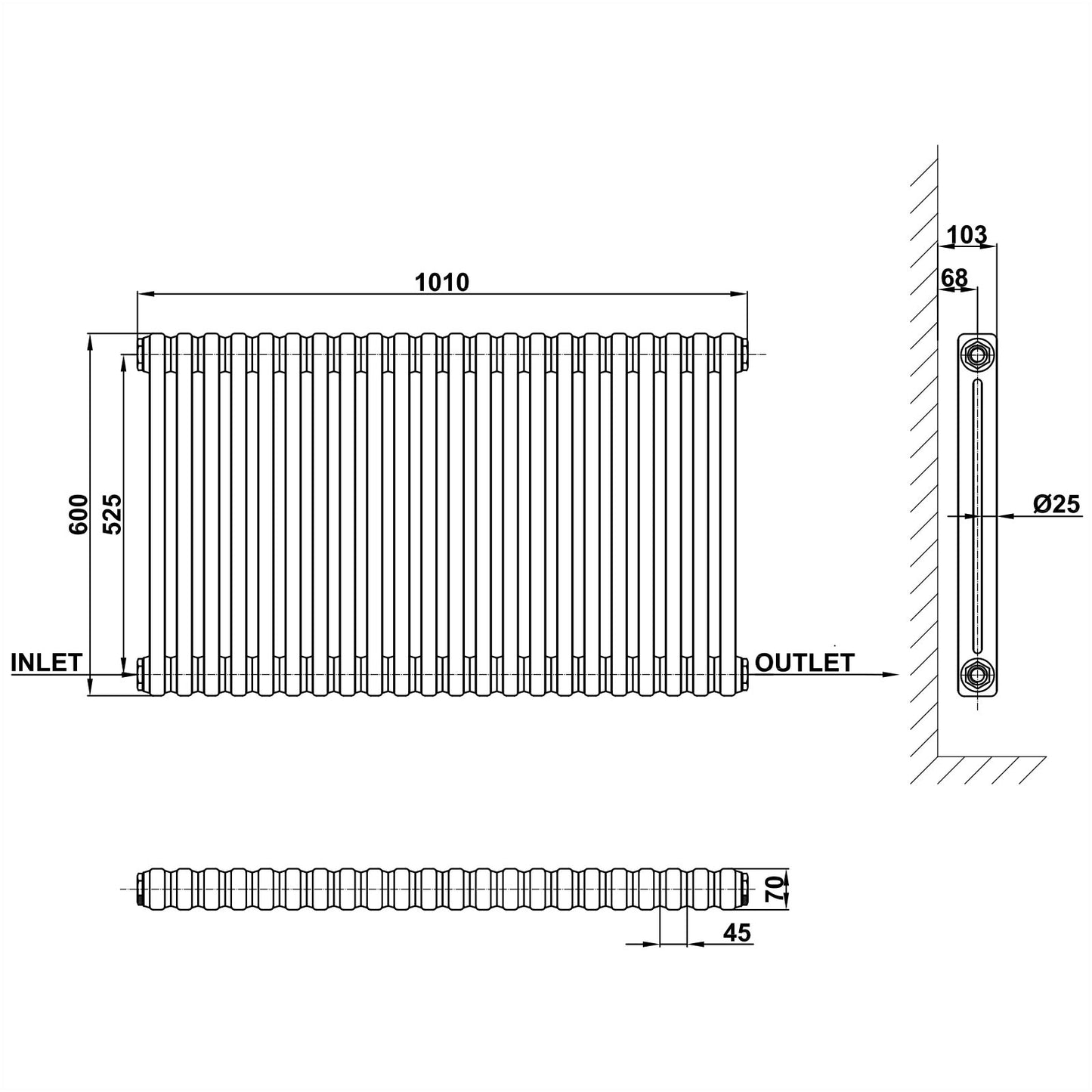 600x1010mm white 2 columns traditional radiator dimension