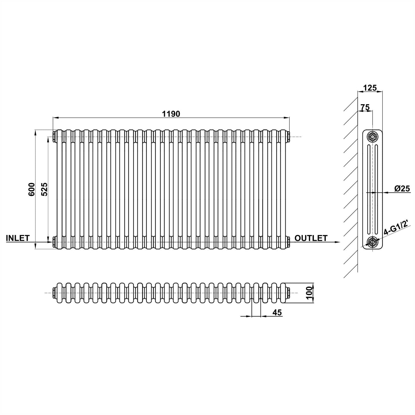 600x1190mm white 3 columns traditional radiator dimension