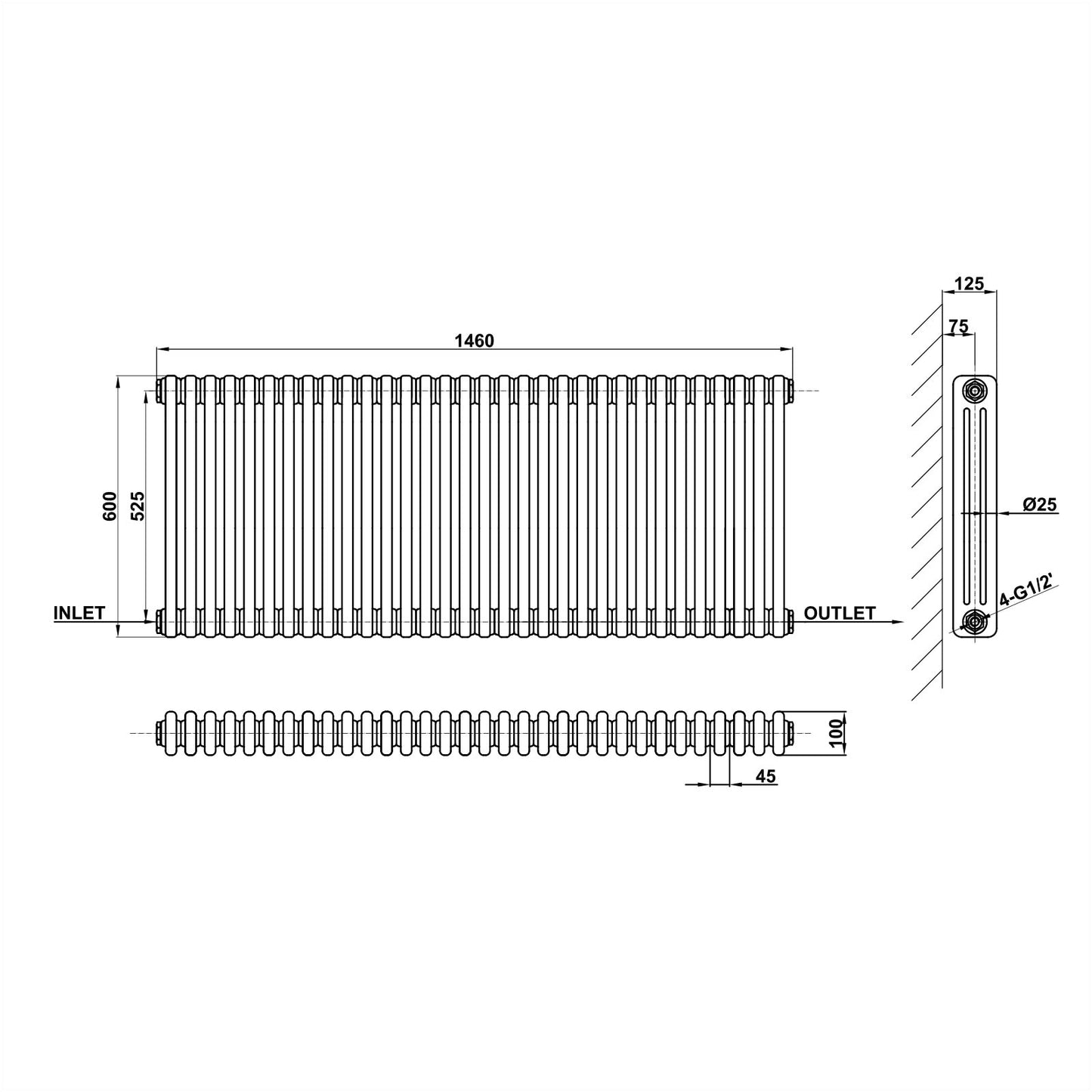 600x1460mm white 3 columns traditional radiator dimension