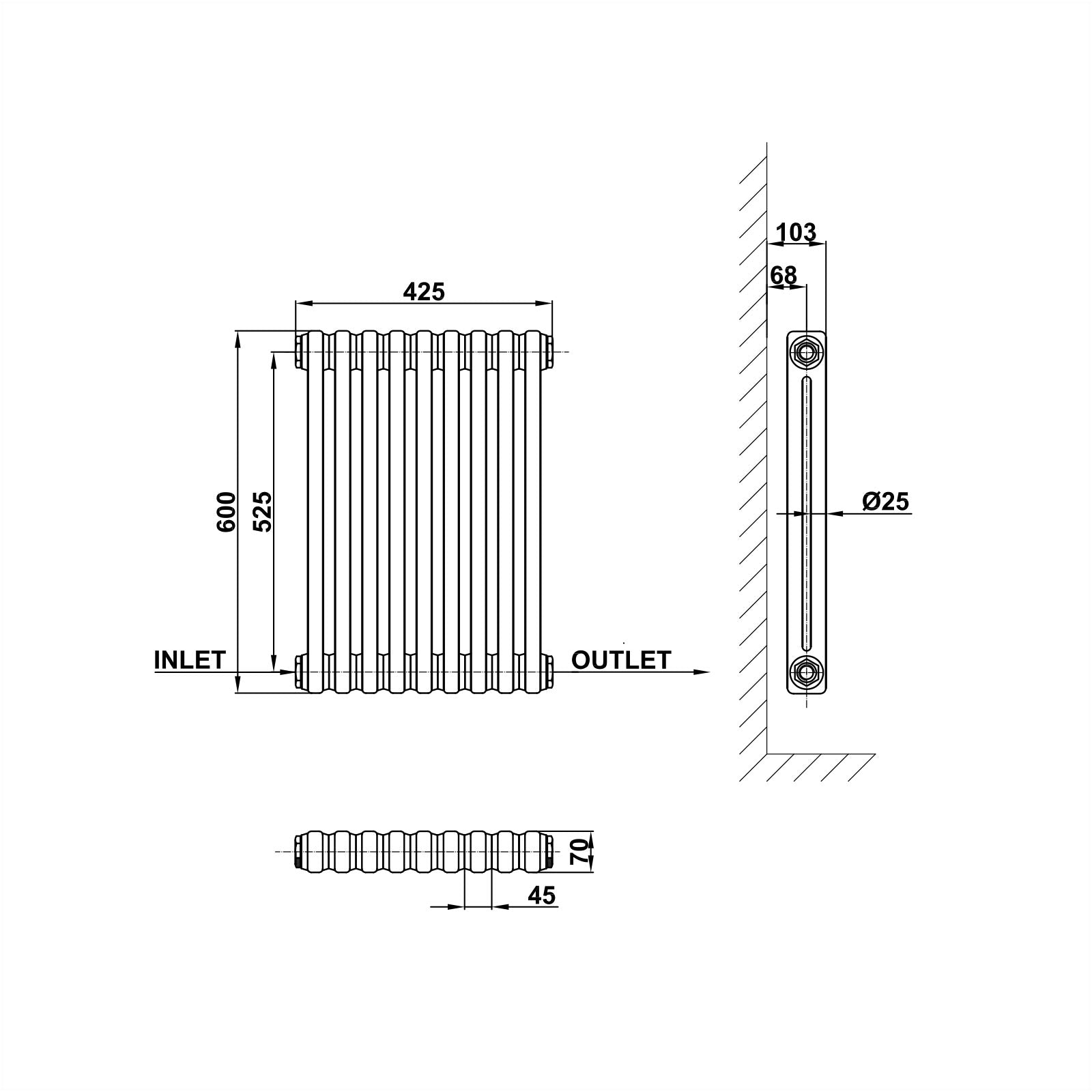 600x425mm white 2 columns traditional radiator dimension