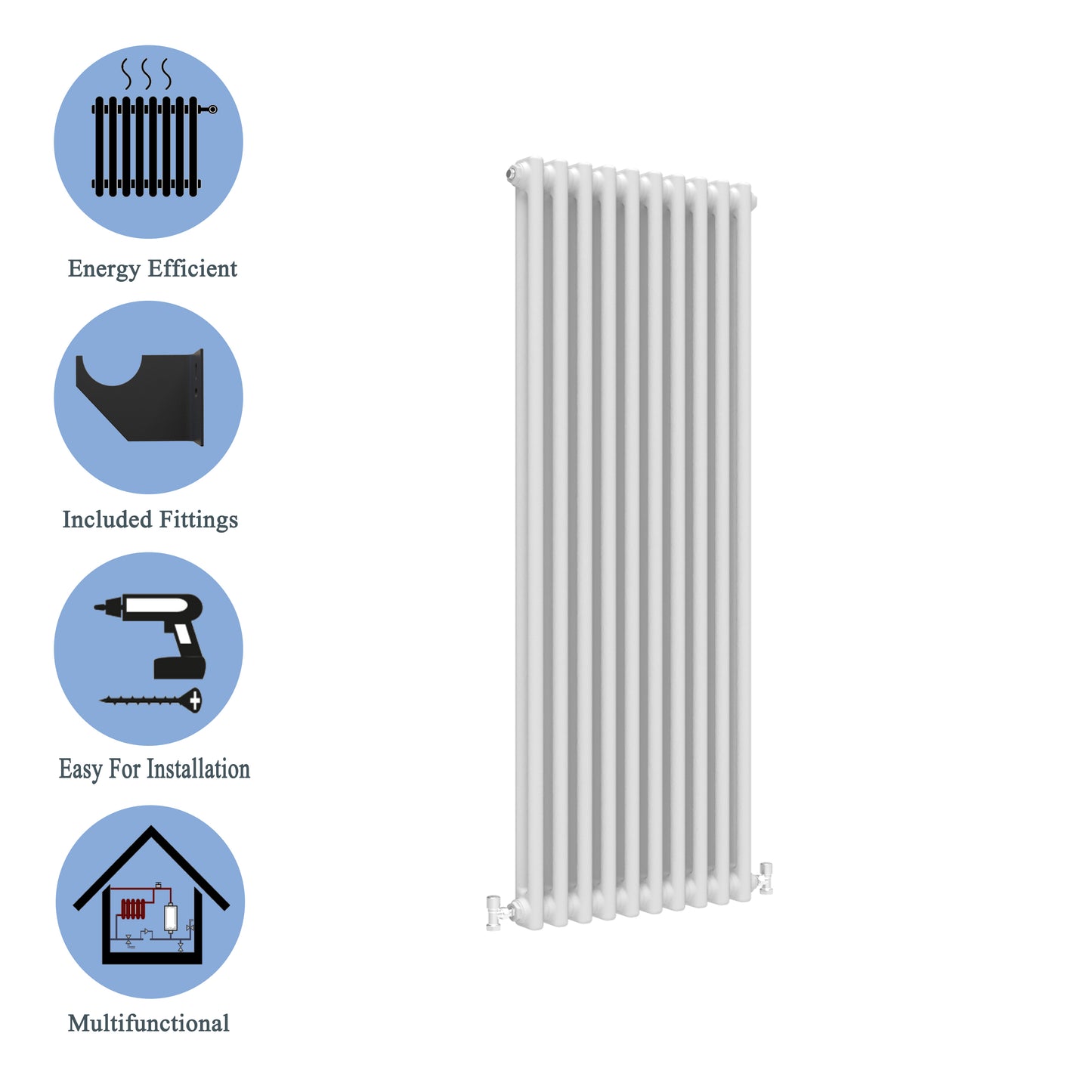 Aidal- Traditional Vertical 1500x470mm 2 Columns White Cast Iron Radiator