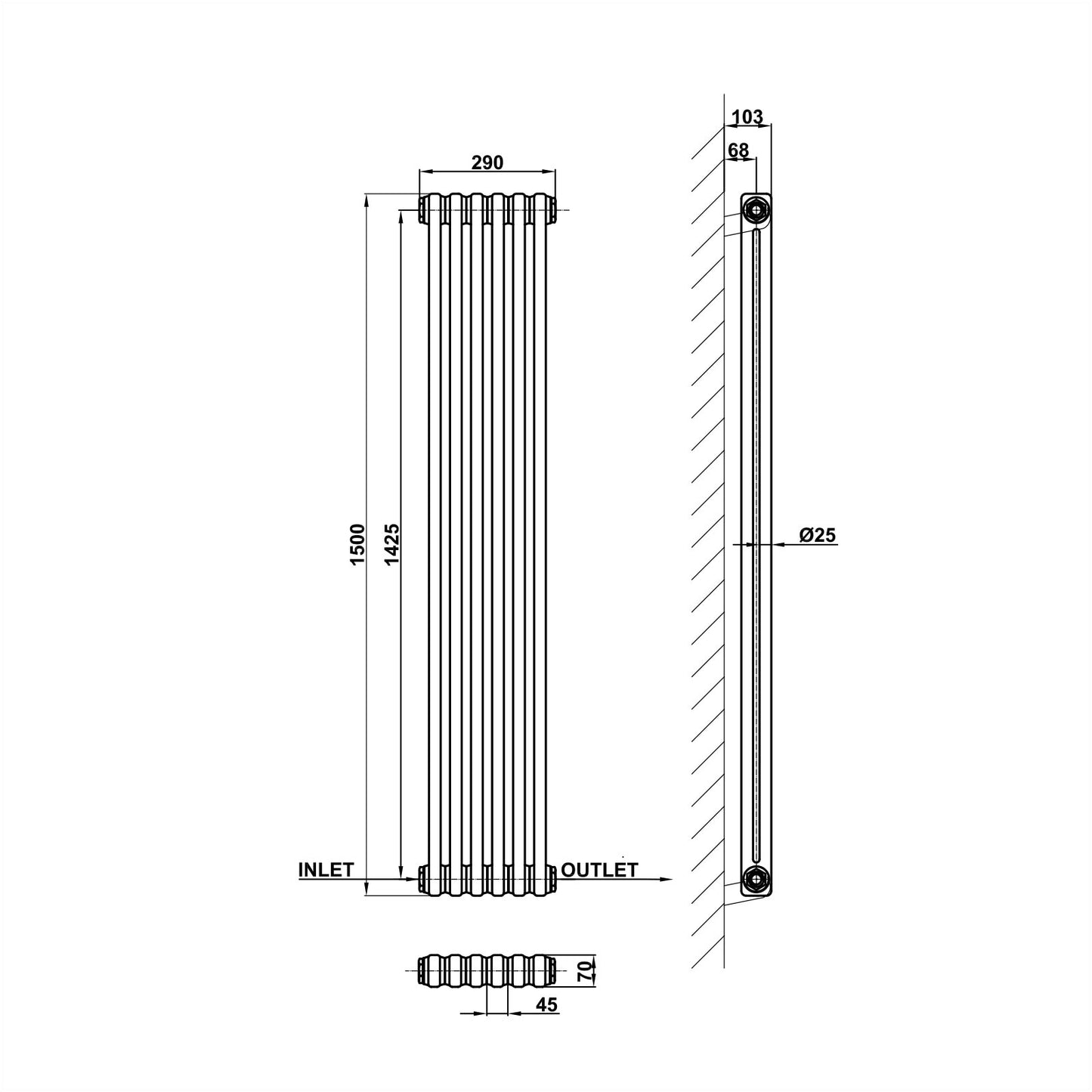 1500x290mm anthracite 2 columns traditional radiator dimension