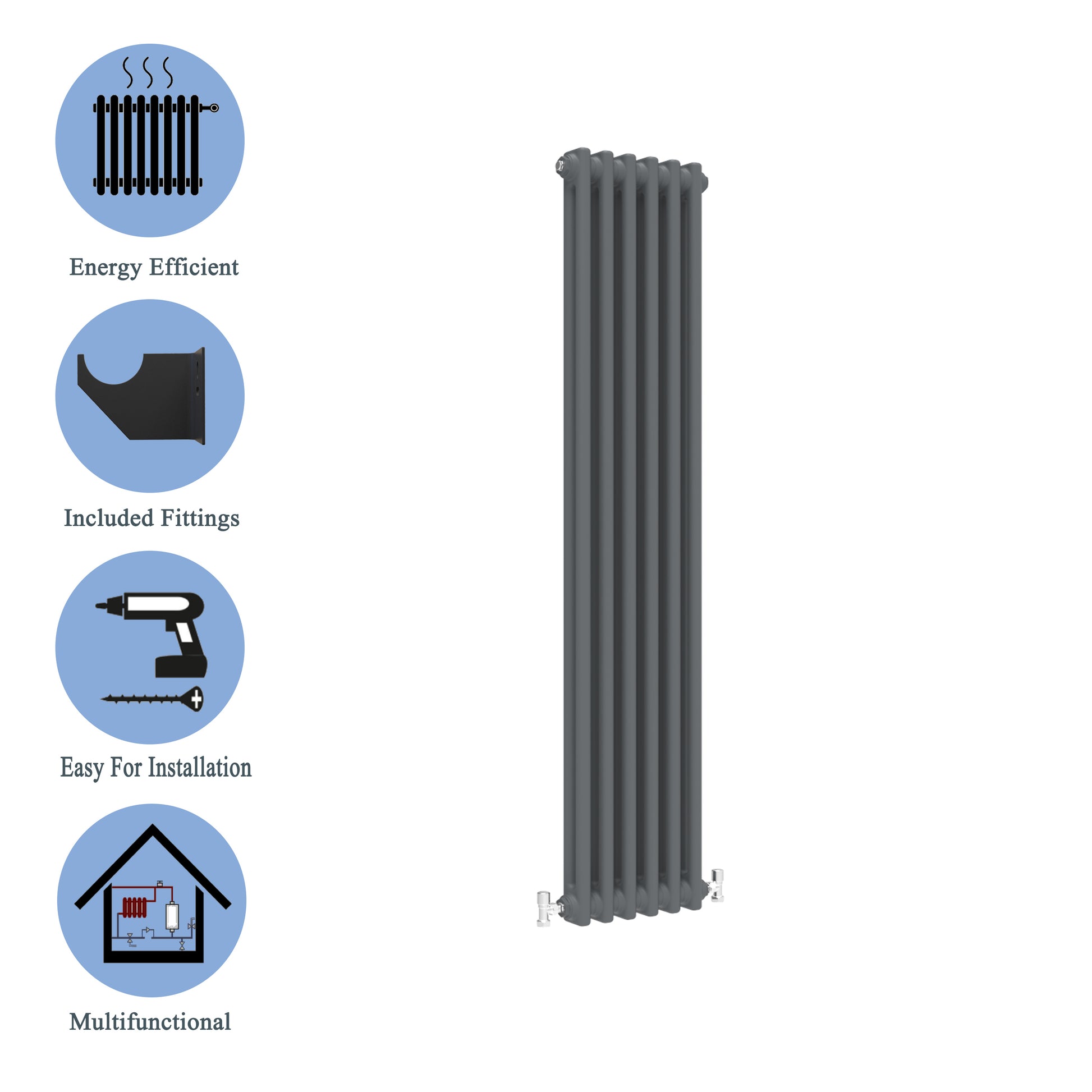 Aidal- Traditional Vertical 1500x290mm 2 Columns Anthracite Cast Iron Radiator