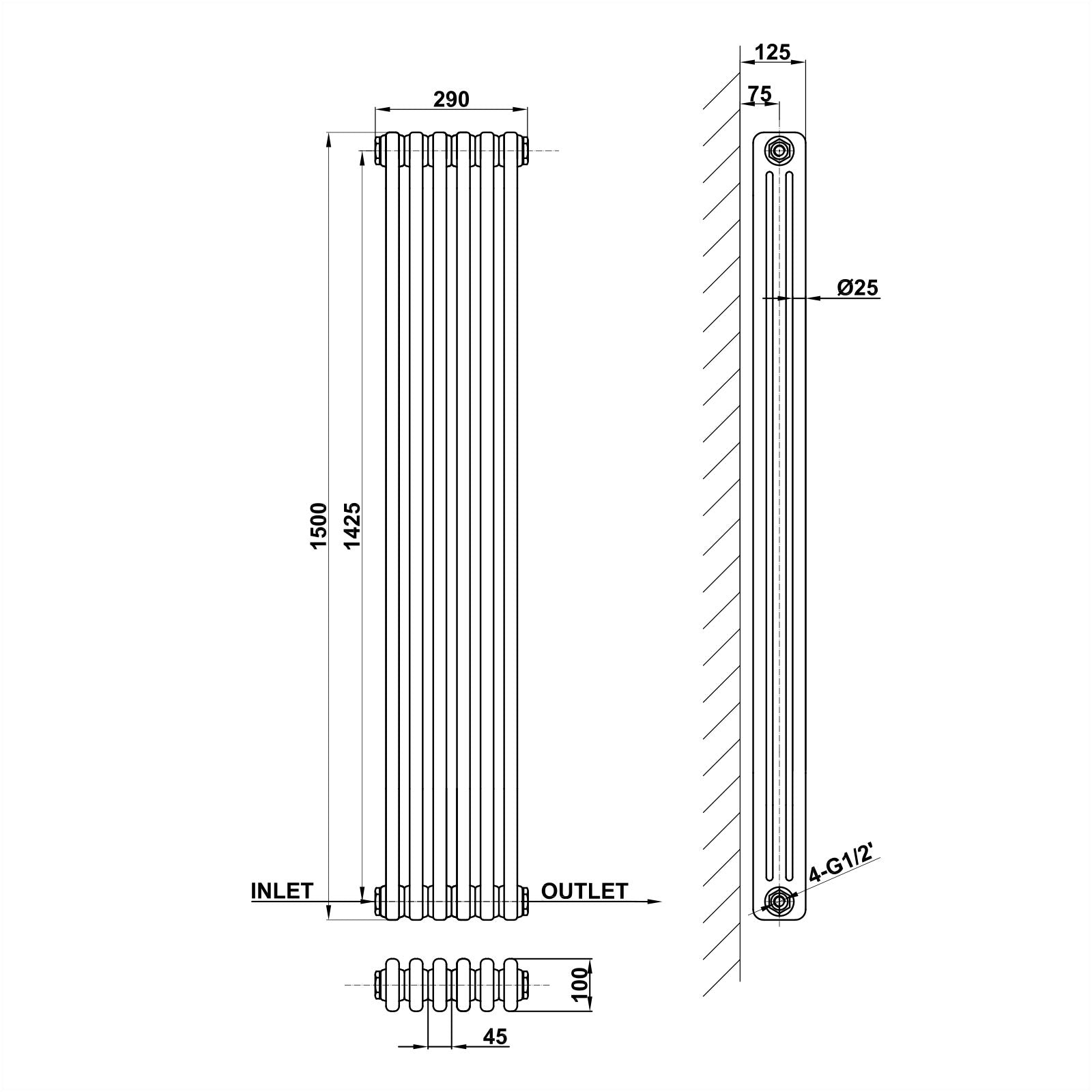 1500x290mm white 3 columns traditional radiator dimension