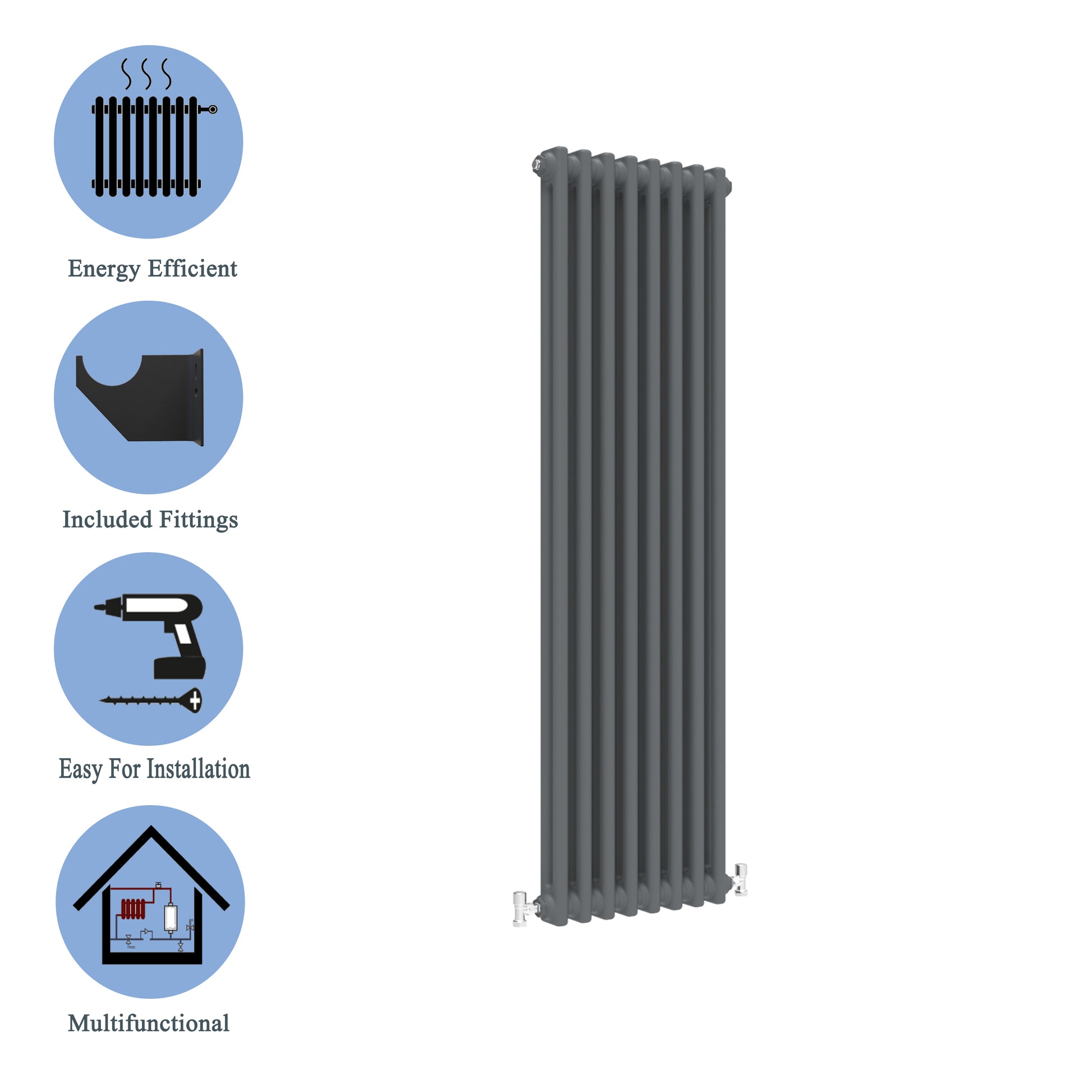 Aidal- Traditional Vertical 1500x380mm 2 Columns Anthracite Cast Iron Radiator