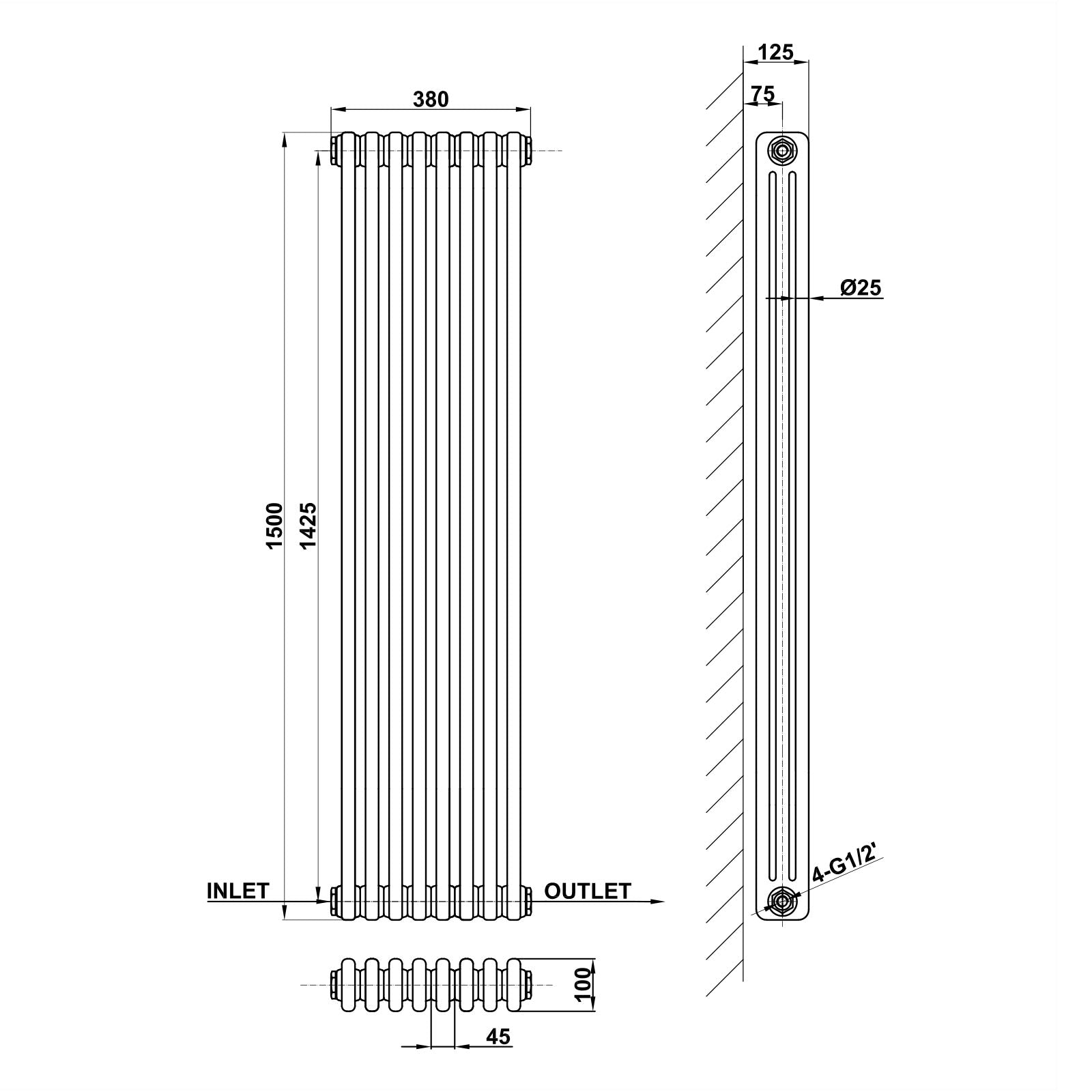 1500x380mm white 3 columns traditional radiator dimension