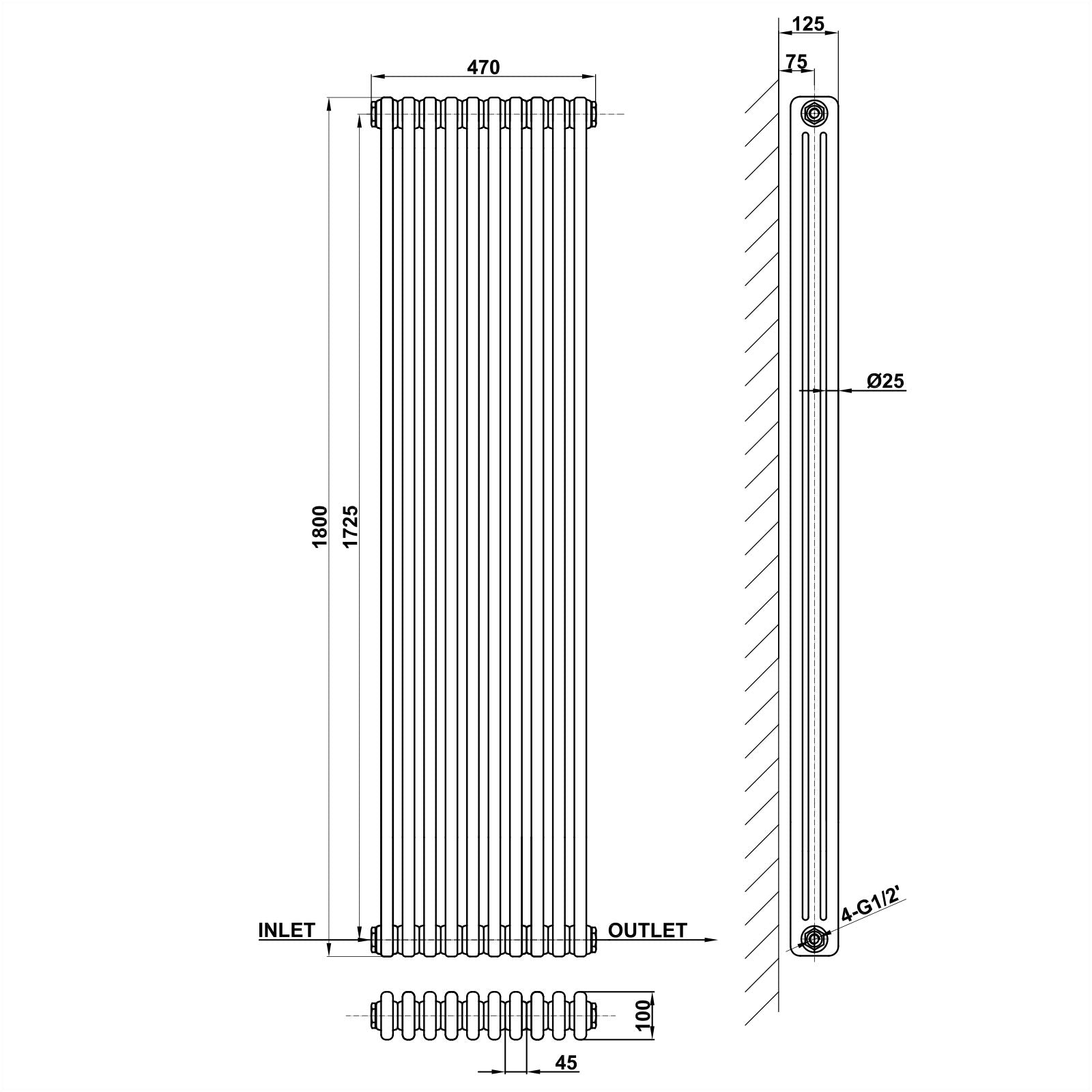 1800x470mm anthracite 3 columns traditional radiator dimension