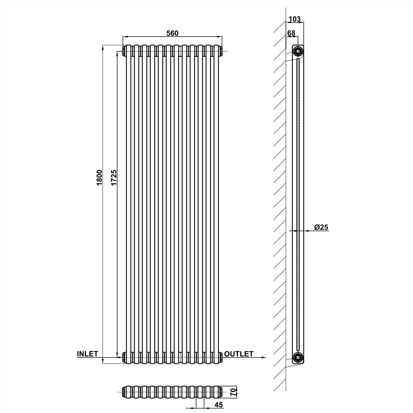 1800x560mm anthracite 2 columns traditional radiator dimension