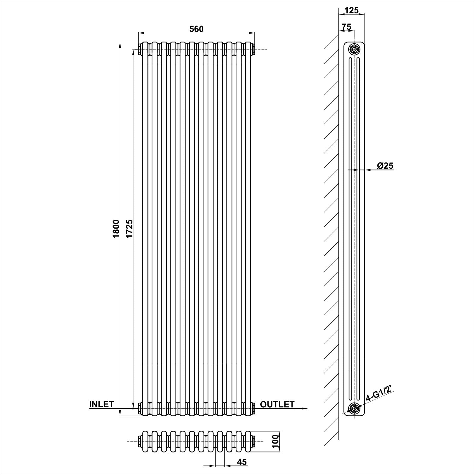 1800x560mm white 3 columns traditional radiator dimension