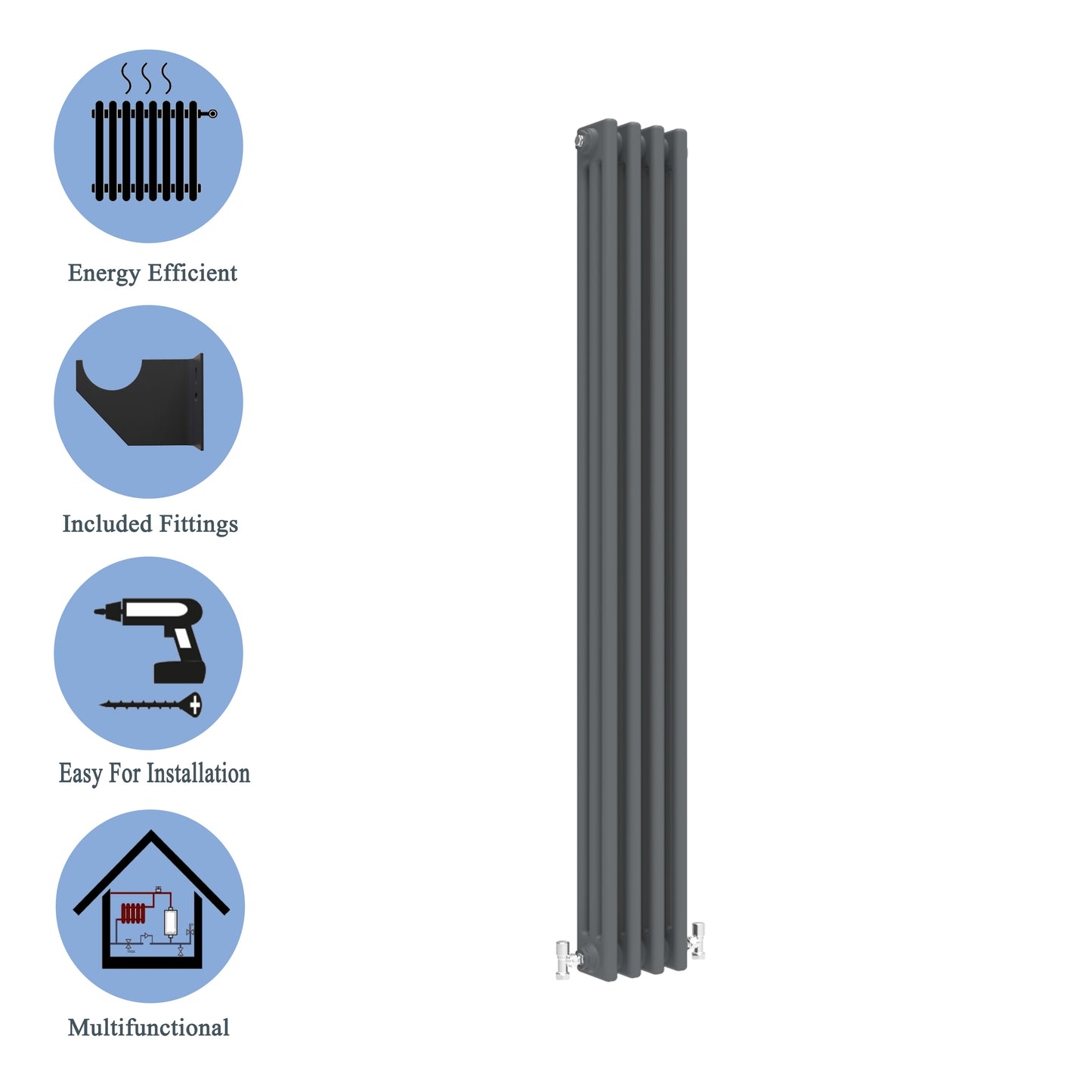 Aidal- Traditional Vertical 1800x200mm 3 Columns Anthracite Cast Iron Radiator