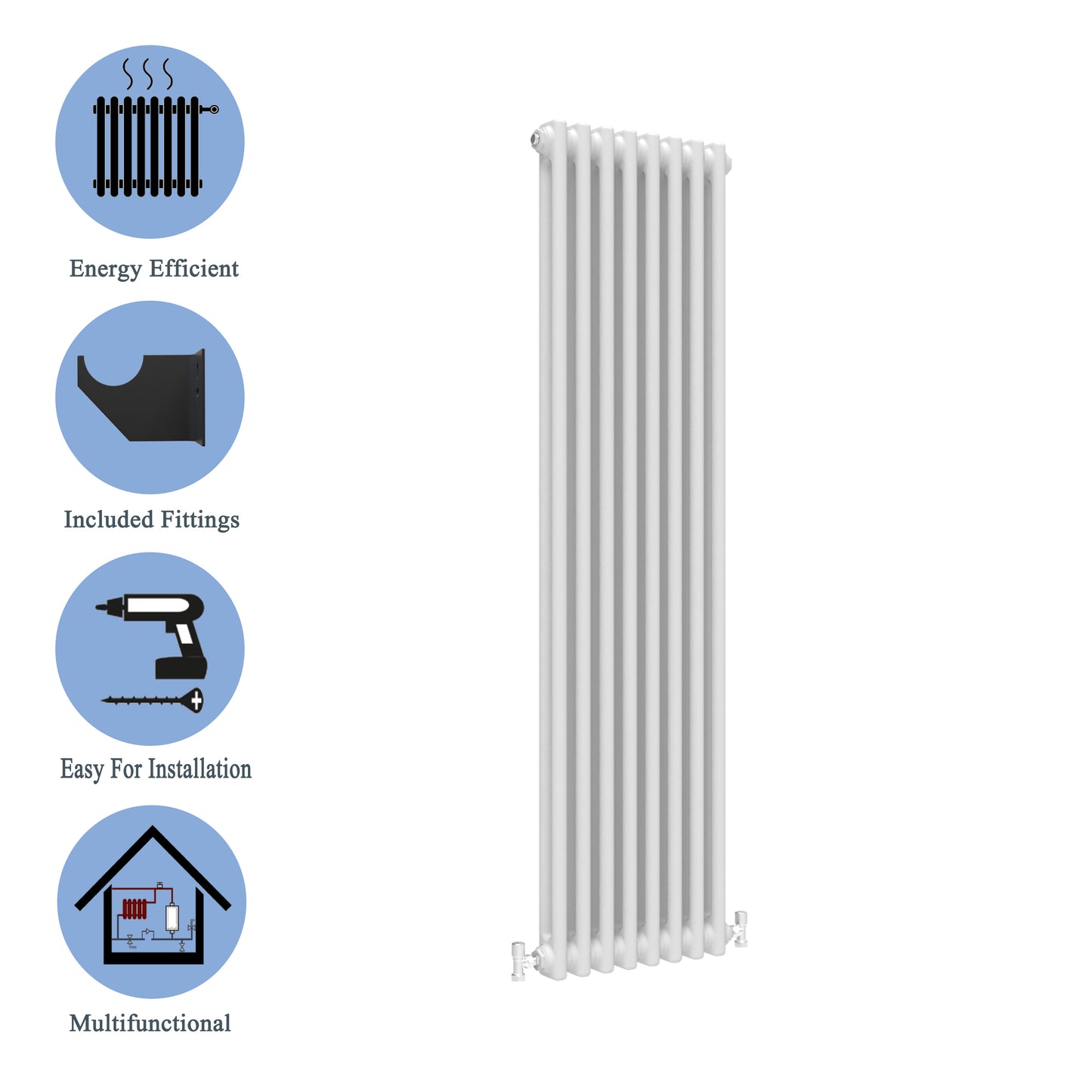 Aidal- Traditional Vertical 1800x380mm 2 Columns White Cast Iron Radiator