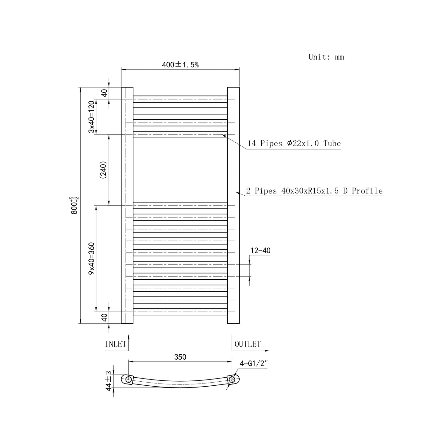 800x400mm Chrome Heated Towel Rail Curved Bathroom Radiator Dimension