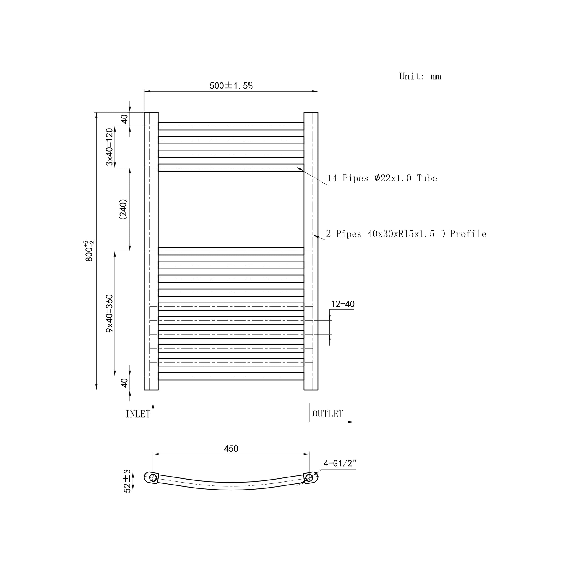 800x500mm Chrome Heated Towel Rail Curved Bathroom Radiator Dimension