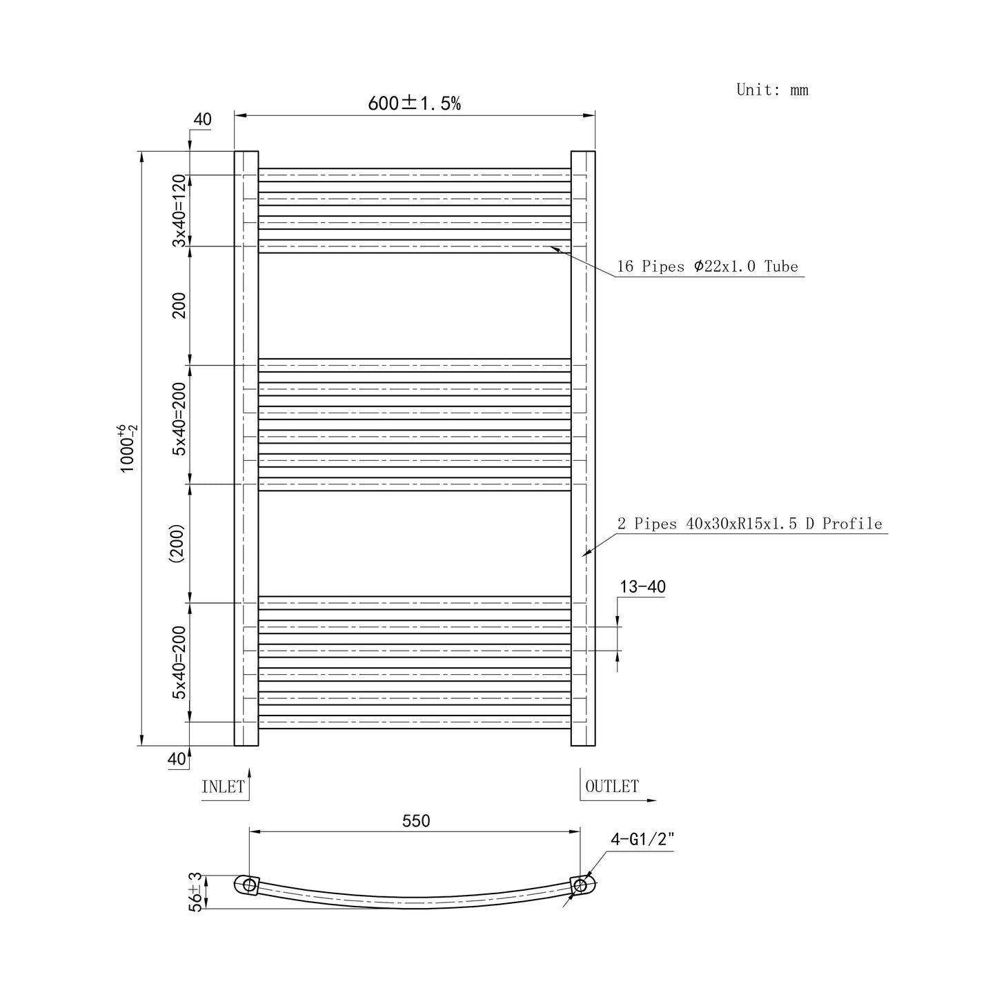 1000x600mm Chrome Heated Towel Rail Curved Bathroom Radiator Dimension