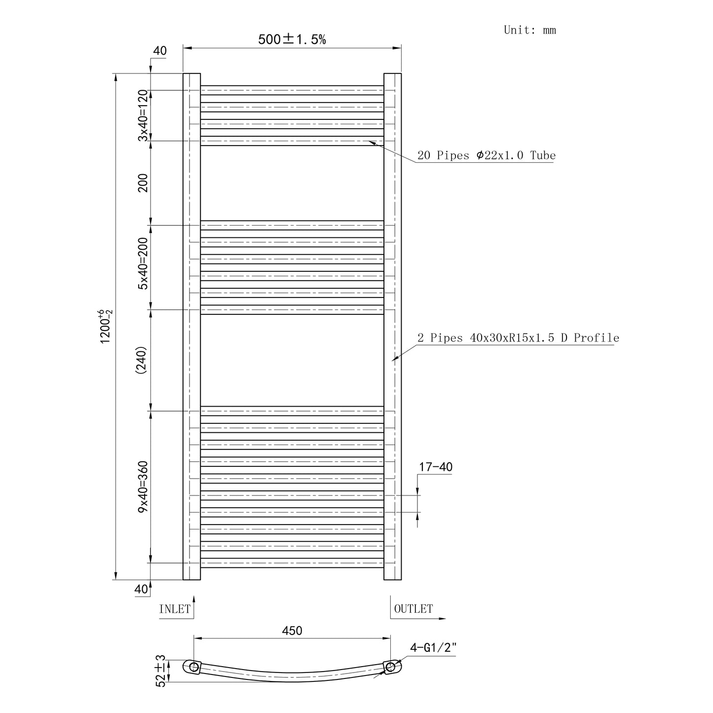 1200x500mm Chrome Heated Towel Rail Curved Bathroom Radiator Dimension