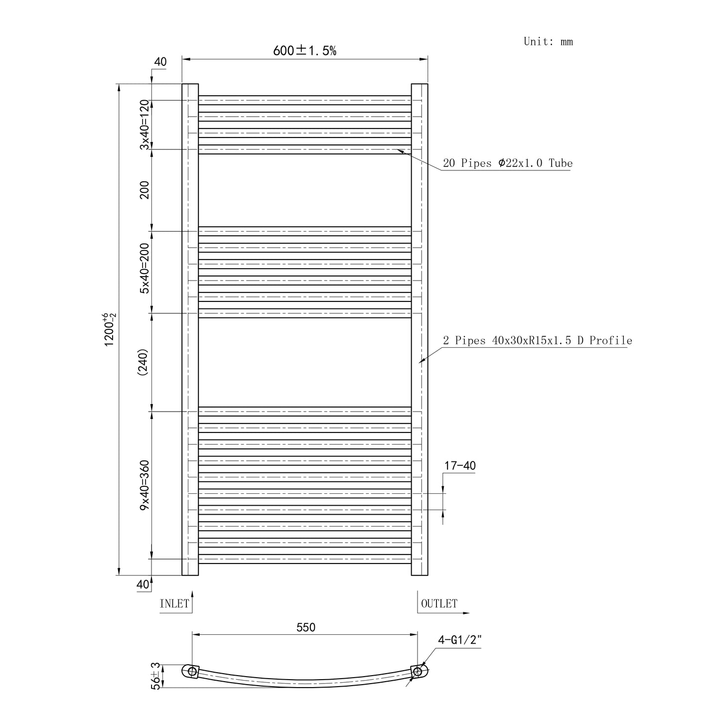 1200x600mm Chrome Heated Towel Rail Curved Bathroom Radiator Dimension