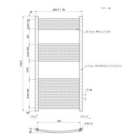 1200x600mm Chrome Heated Towel Rail Curved Bathroom Radiator Dimension