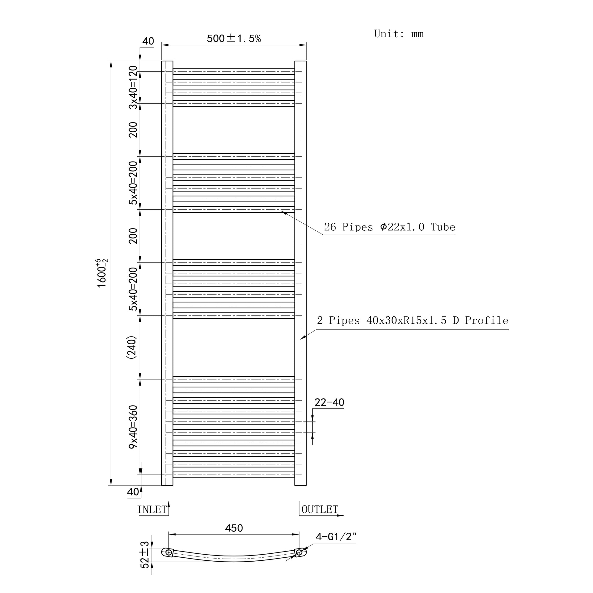 1600x500mm Chrome Heated Towel Rail Curved Bathroom Radiator Dimension