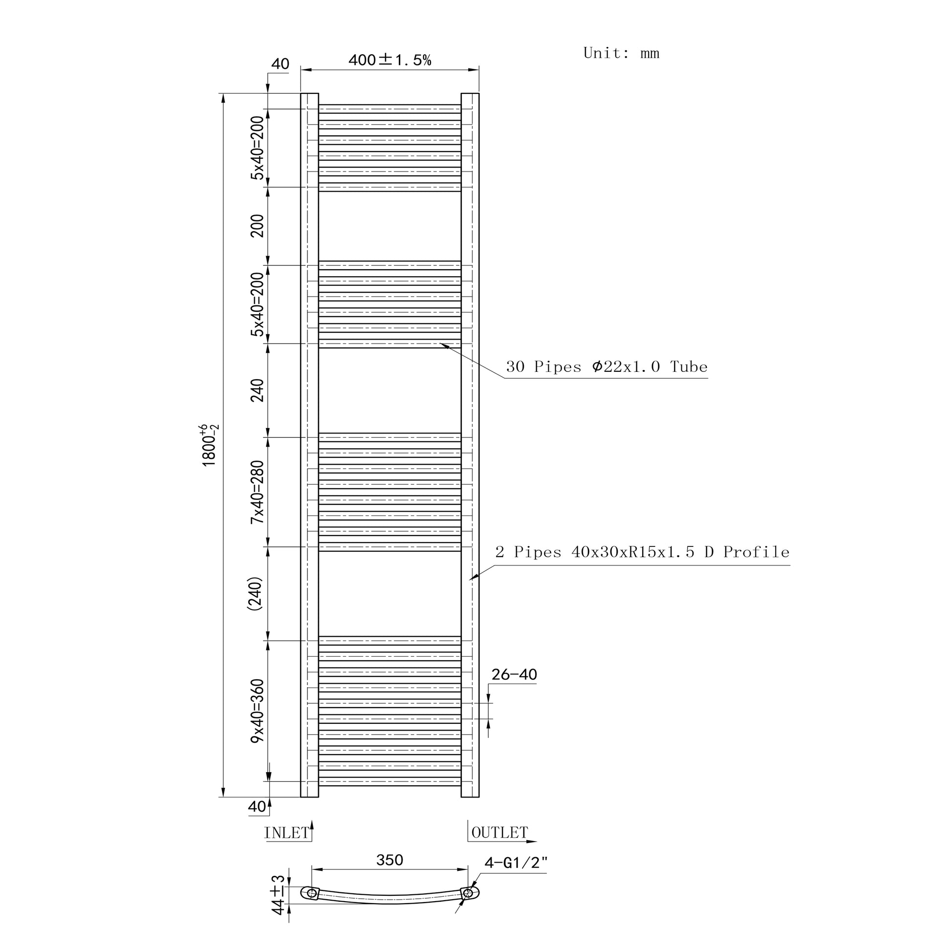 1800x400mm Chrome Heated Towel Rail Curved Bathroom Radiator Dimension